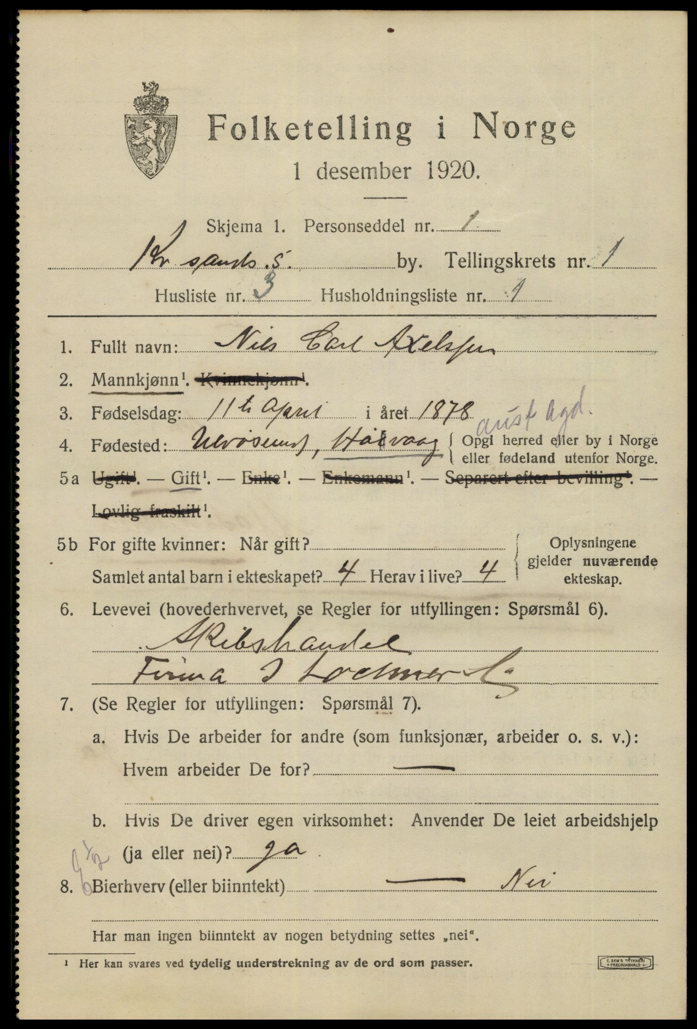 SAK, 1920 census for Kristiansand, 1920, p. 11131