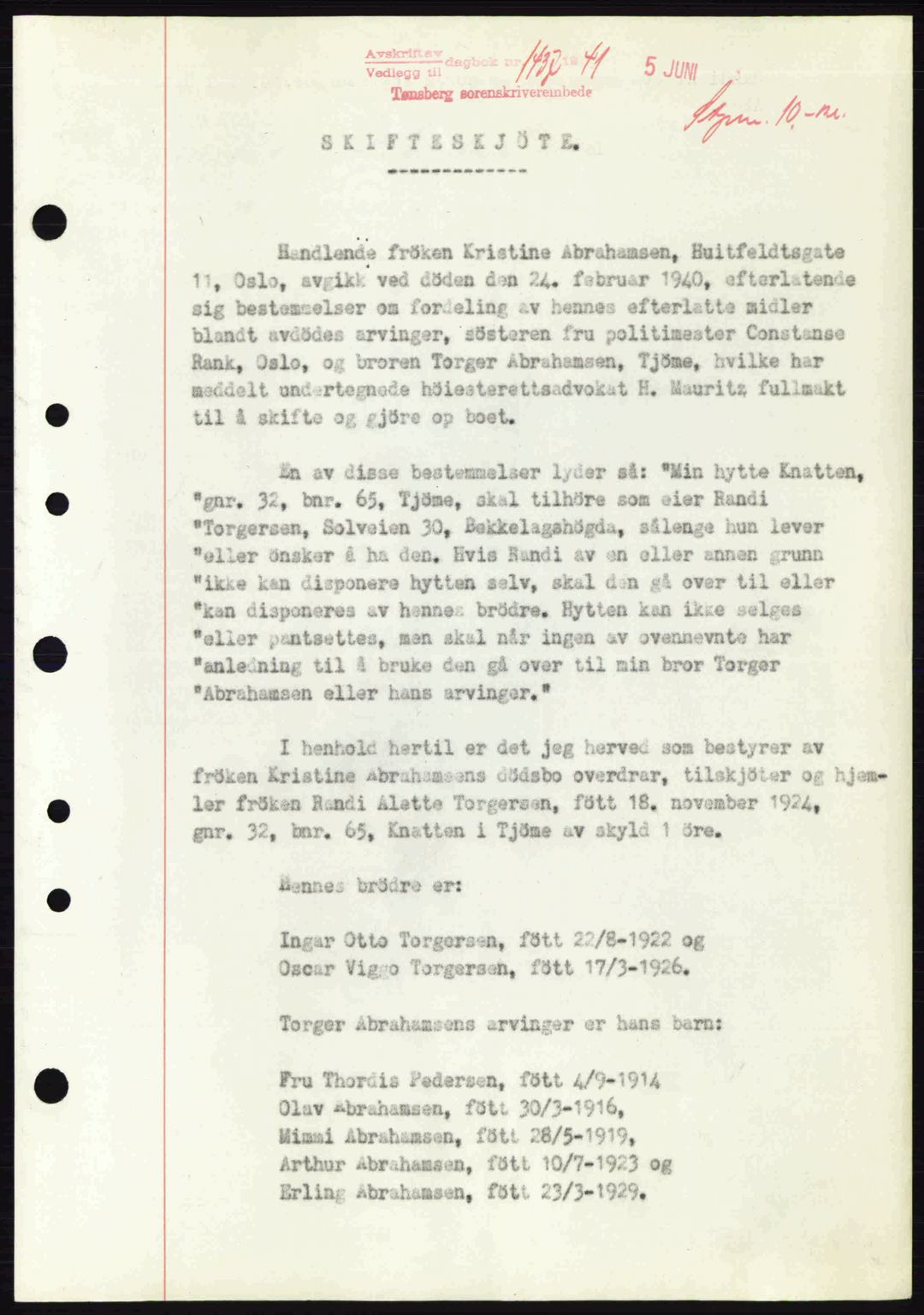 Tønsberg sorenskriveri, AV/SAKO-A-130/G/Ga/Gaa/L0010: Mortgage book no. A10, 1941-1941, Diary no: : 1437/1941