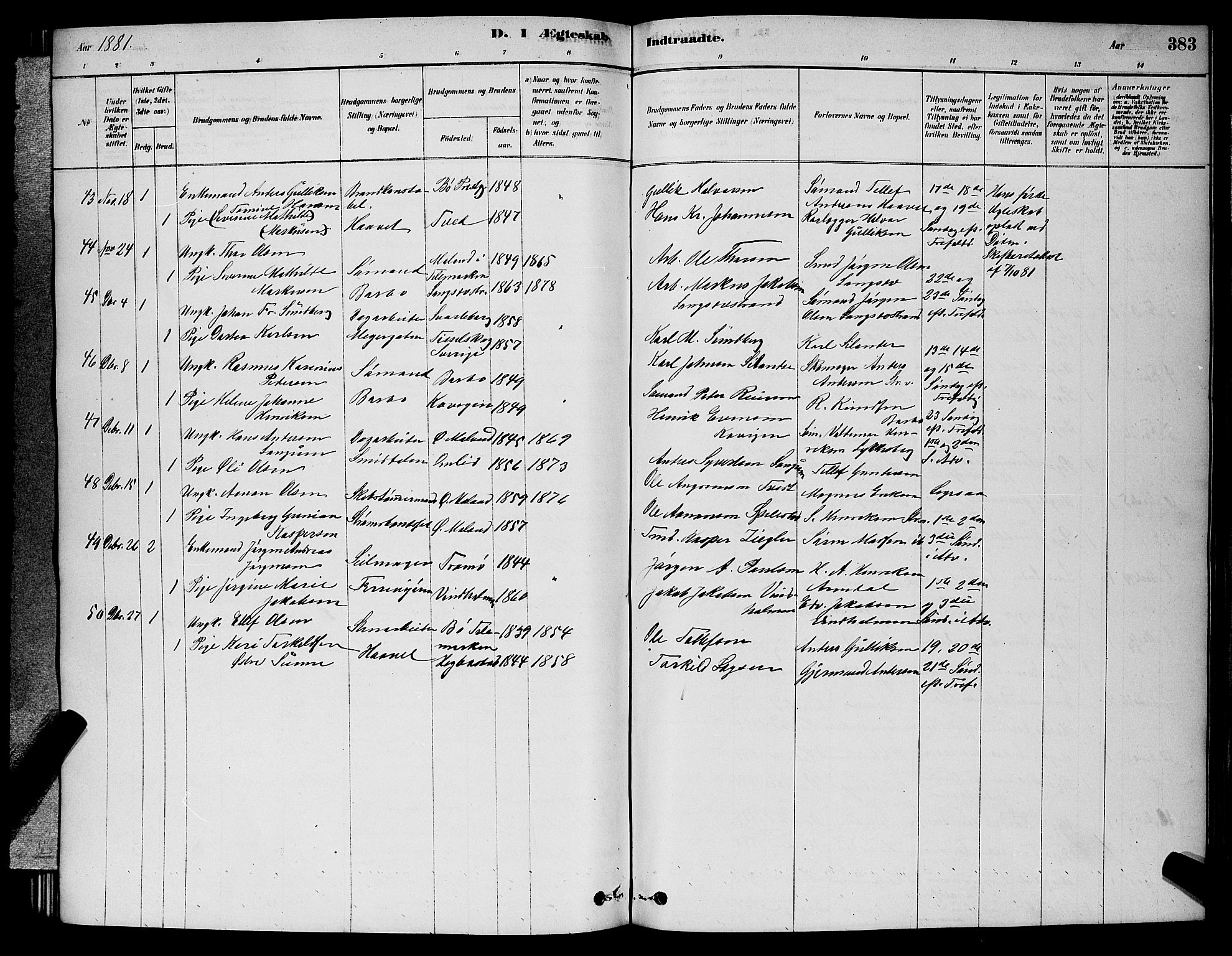 Barbu sokneprestkontor, AV/SAK-1111-0003/F/Fb/L0001: Parish register (copy) no. B 1, 1878-1890, p. 383