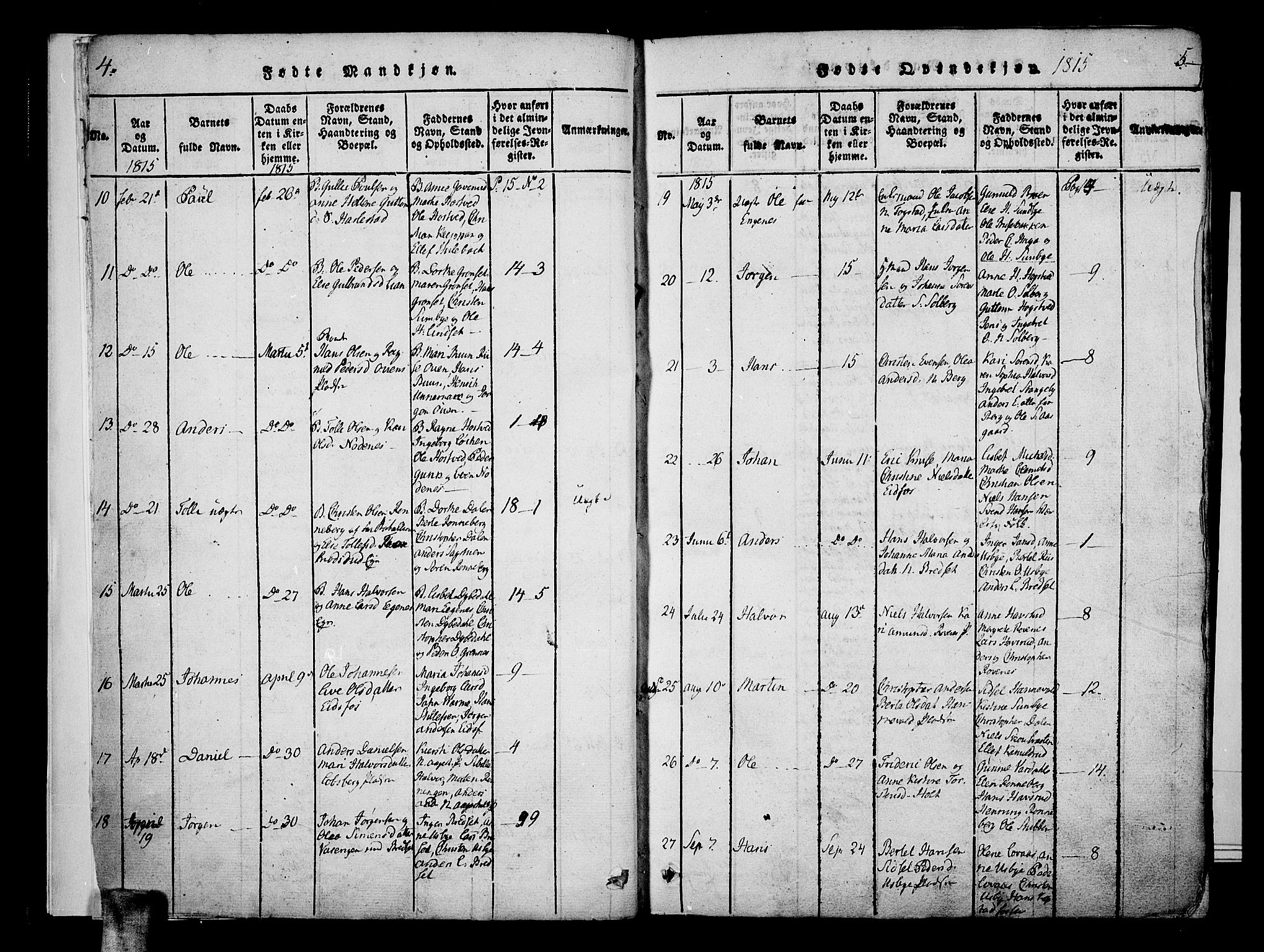 Hof kirkebøker, AV/SAKO-A-64/F/Fa/L0004: Parish register (official) no. I 4, 1814-1843, p. 4-5