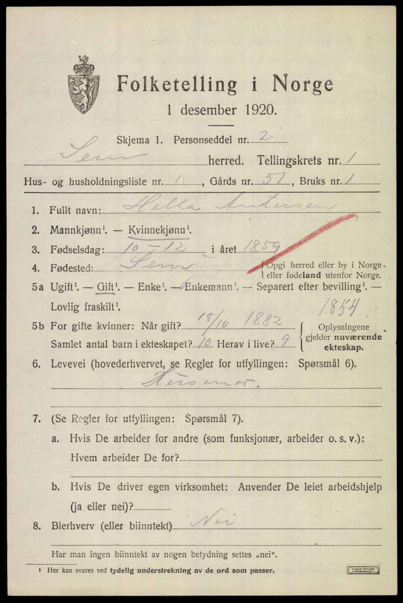 SAKO, 1920 census for Sem, 1920, p. 2781