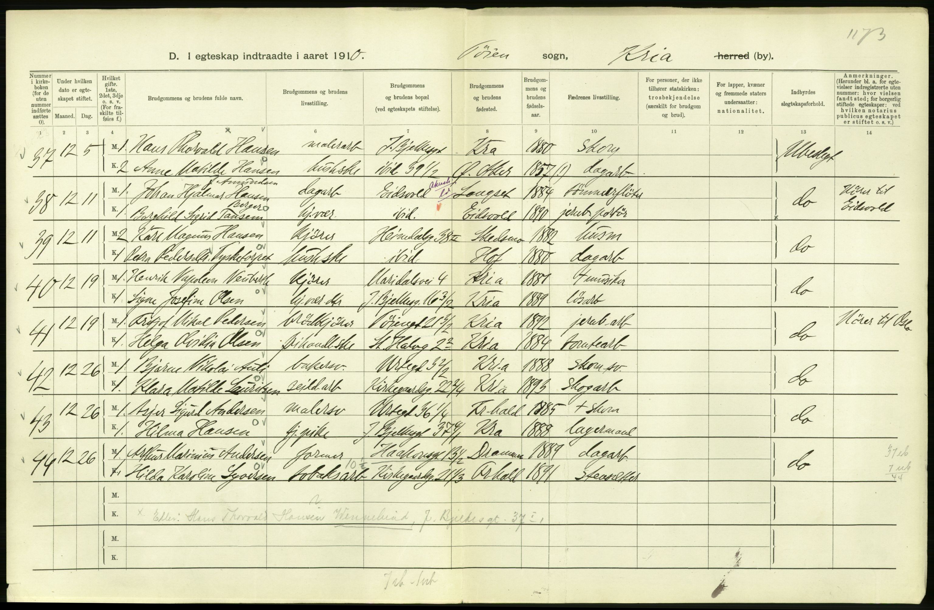 Statistisk sentralbyrå, Sosiodemografiske emner, Befolkning, AV/RA-S-2228/D/Df/Dfa/Dfah/L0009: Kristiania: Gifte og dødfødte., 1910, p. 346