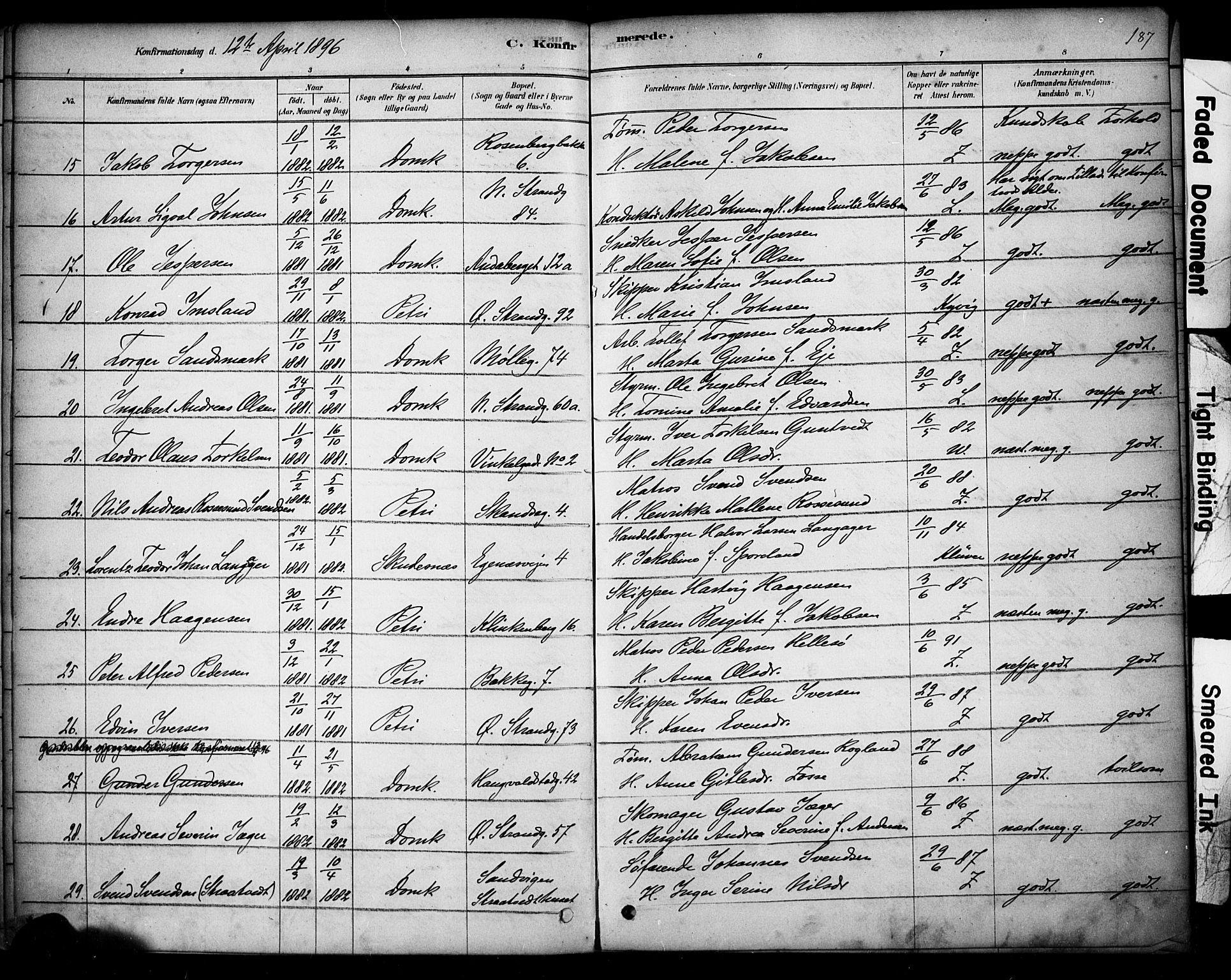 Domkirken sokneprestkontor, SAST/A-101812/001/30/30BA/L0028: Parish register (official) no. A 27, 1878-1896, p. 187