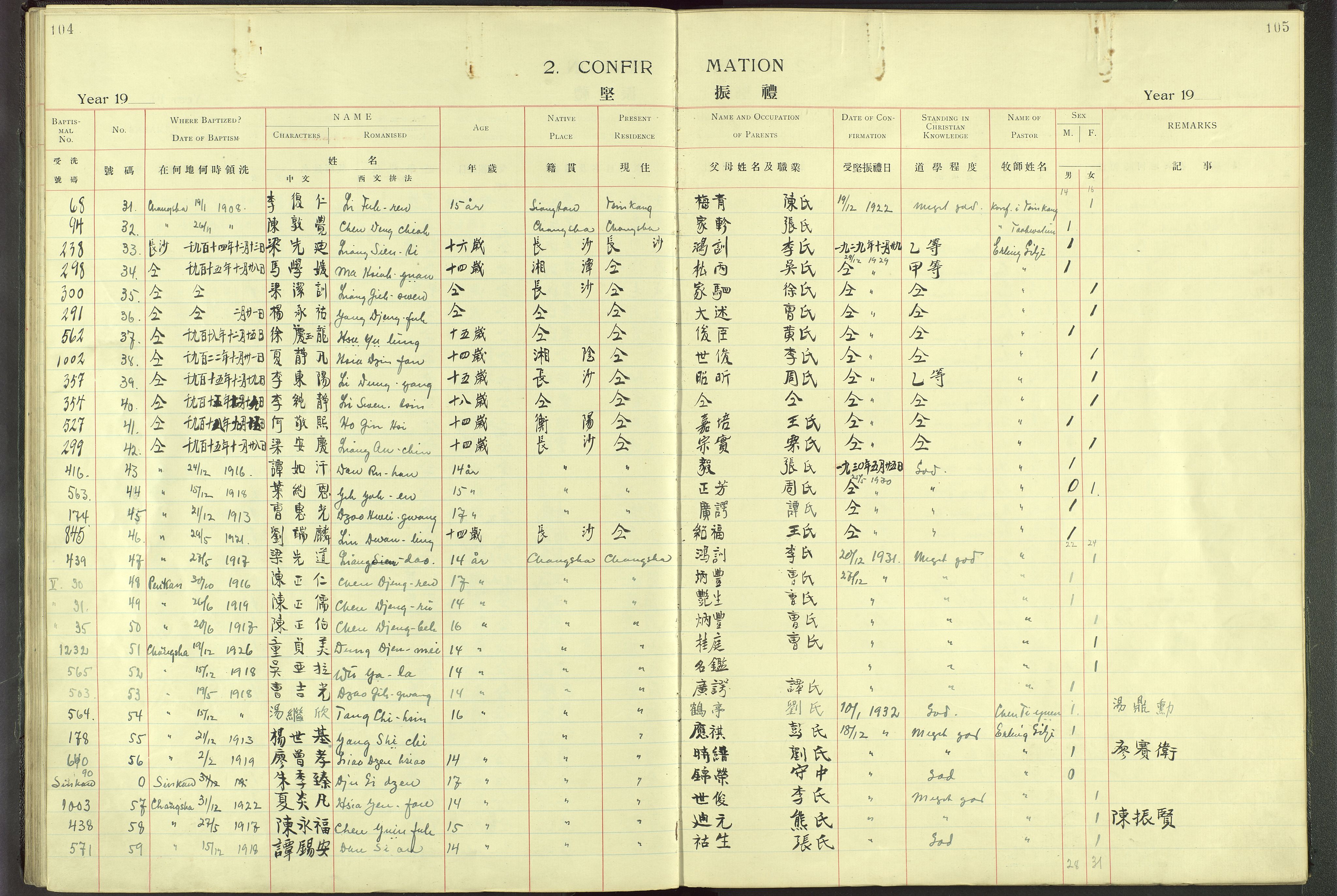 Det Norske Misjonsselskap - utland - Kina (Hunan), VID/MA-A-1065/Dm/L0001: Parish register (official) no. 46, 1903-1936, p. 104-105