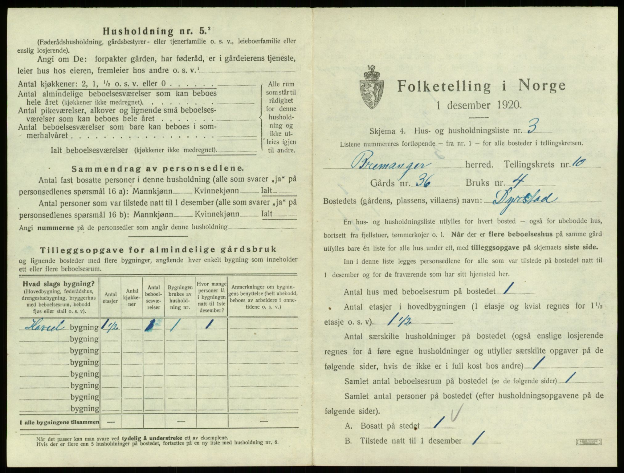 SAB, 1920 census for Bremanger, 1920, p. 718