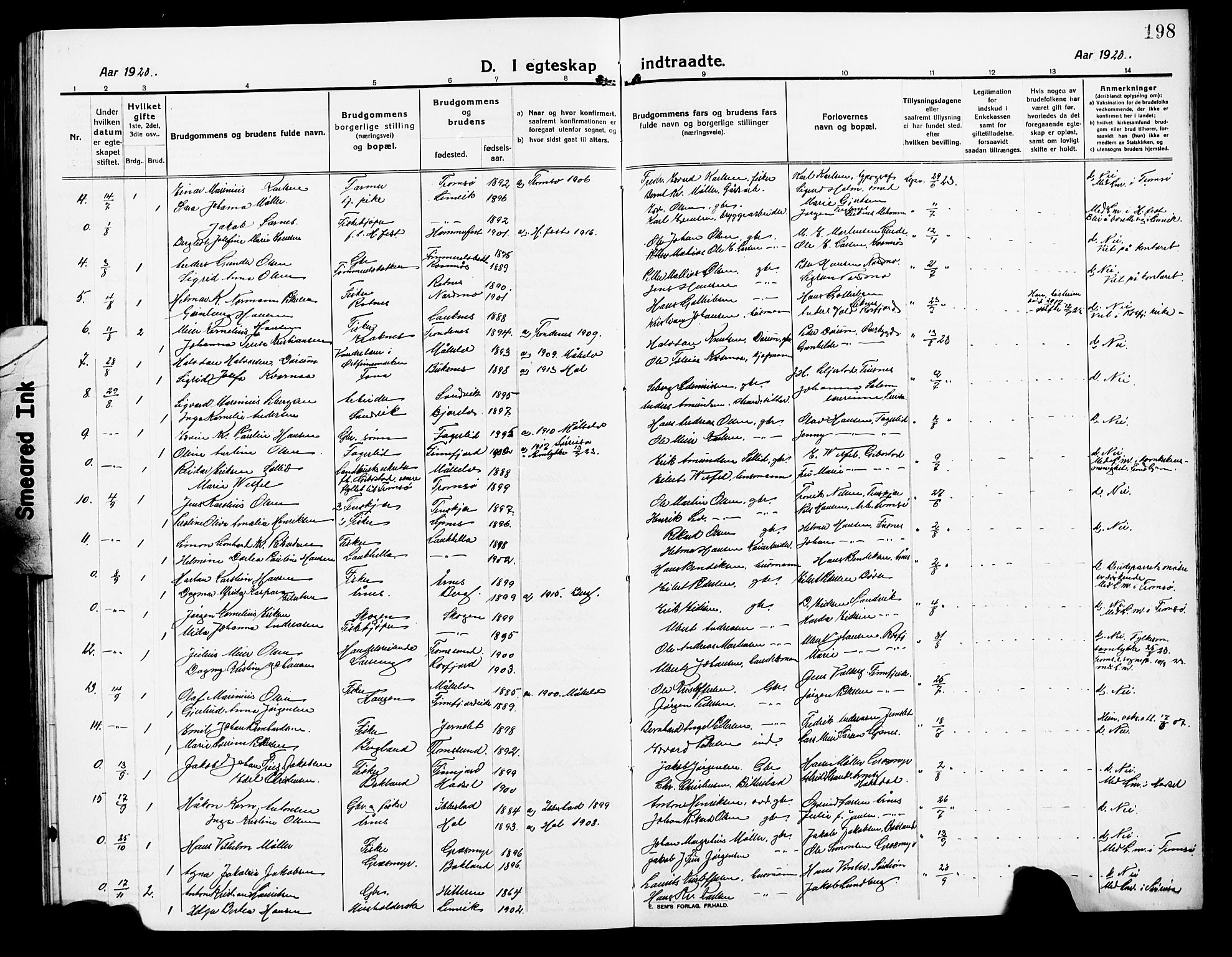 Lenvik sokneprestembete, AV/SATØ-S-1310/H/Ha/Hab/L0009klokker: Parish register (copy) no. 9, 1912-1926, p. 198