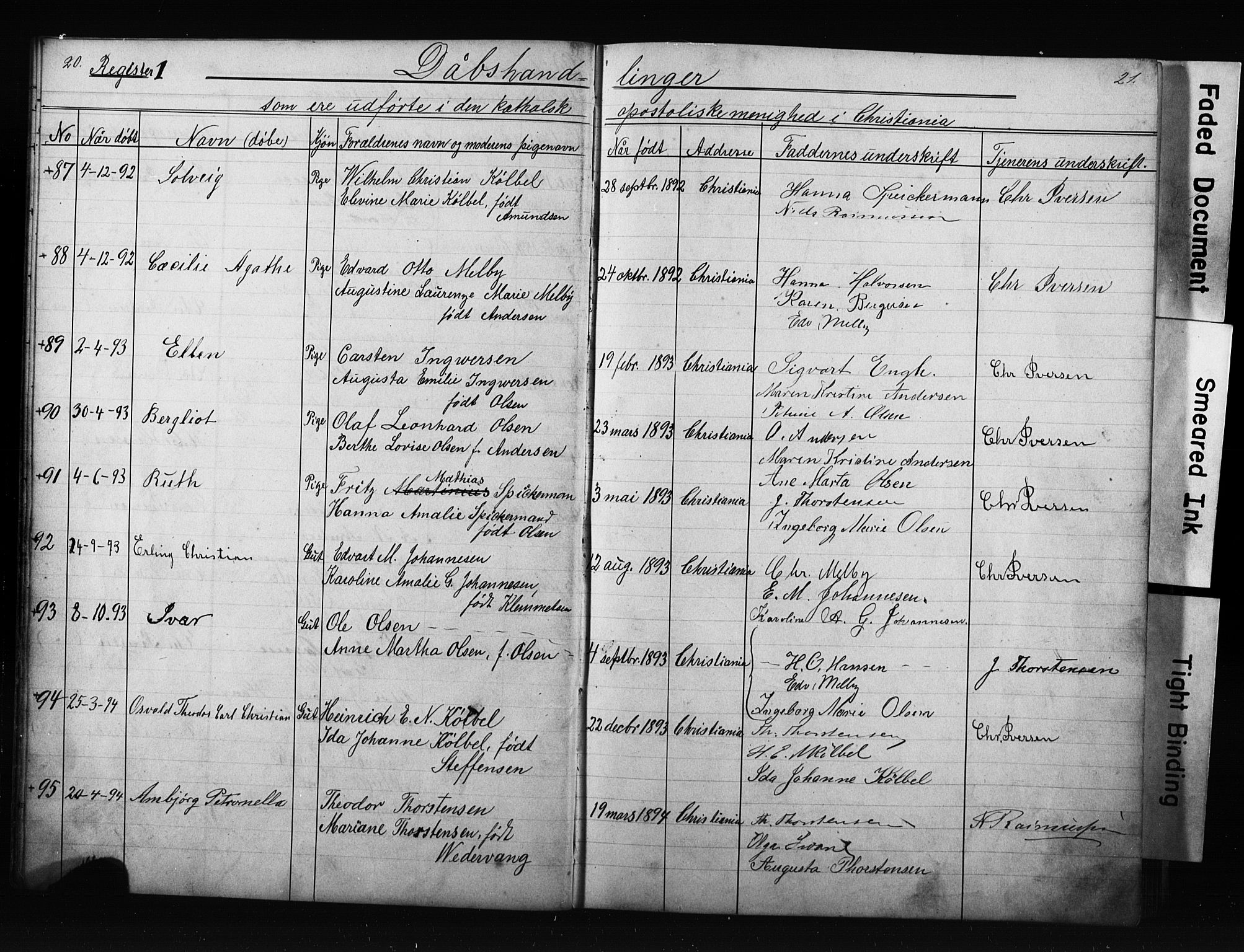 Den katolsk apostoliske menighet i Oslo , AV/SAO-PAO-0214/F/Fb/L0001: Dissenter register no. 1, 1877-1894, p. 20-21