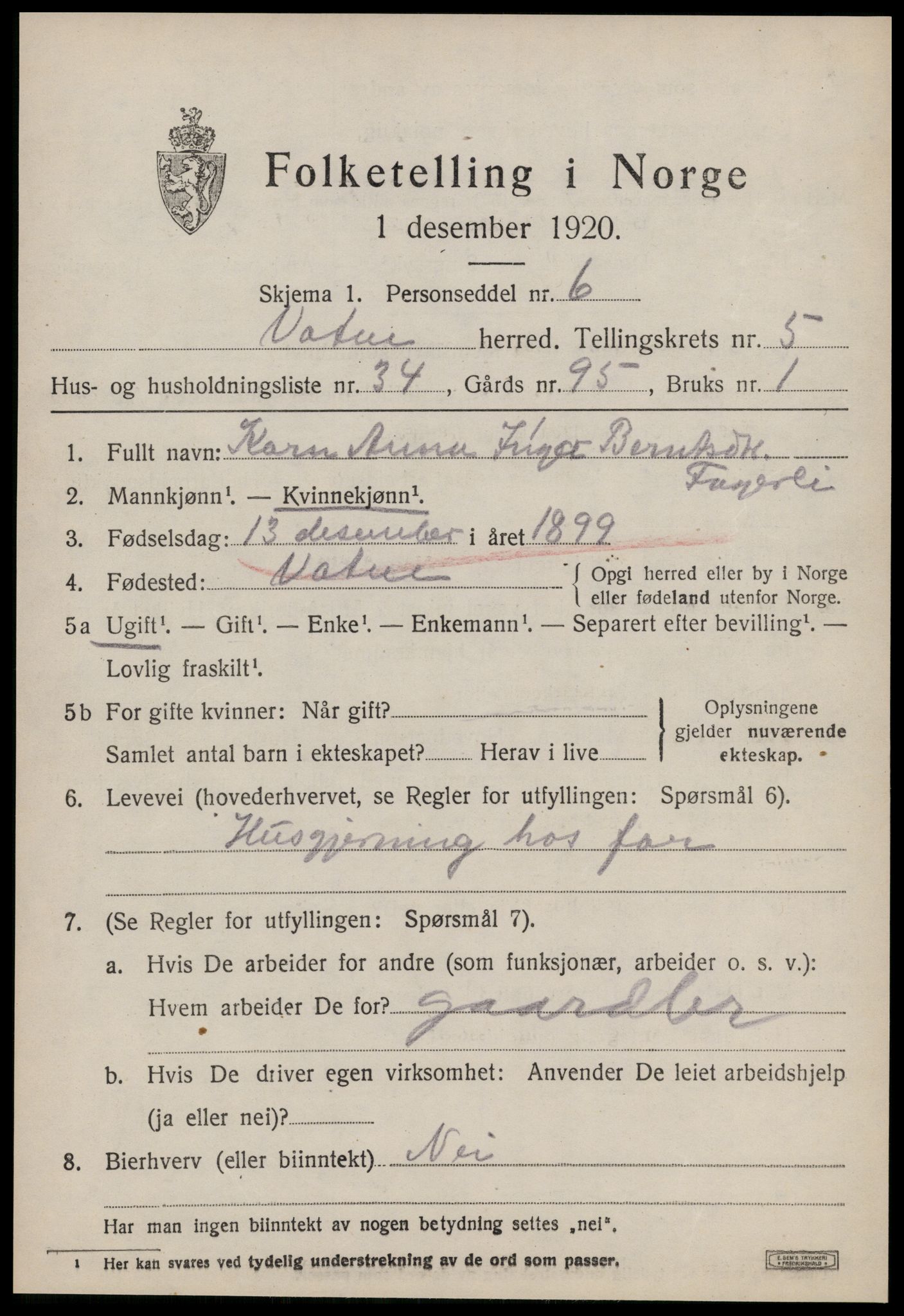 SAT, 1920 census for Vatne, 1920, p. 2670