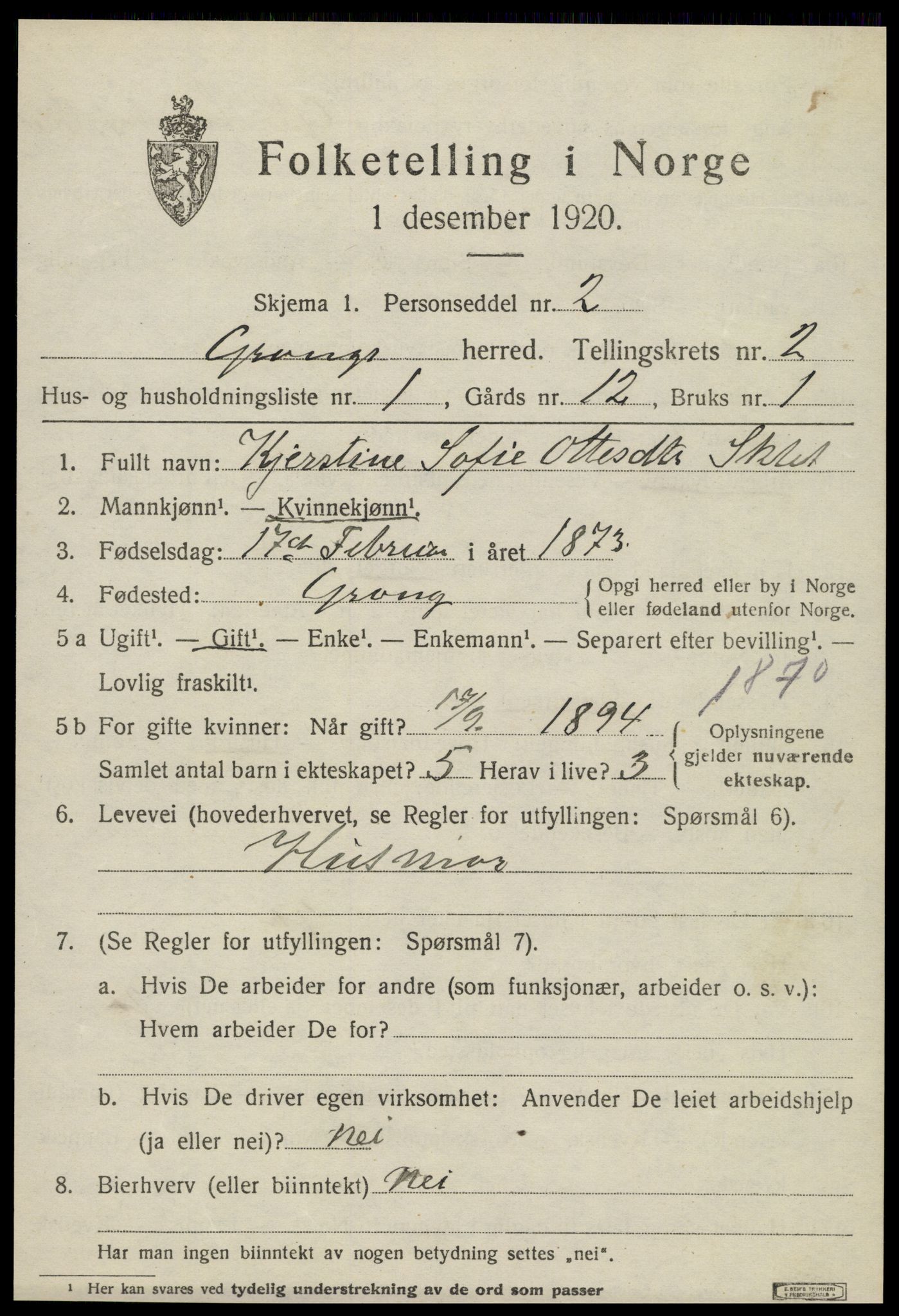 SAT, 1920 census for Grong, 1920, p. 1551