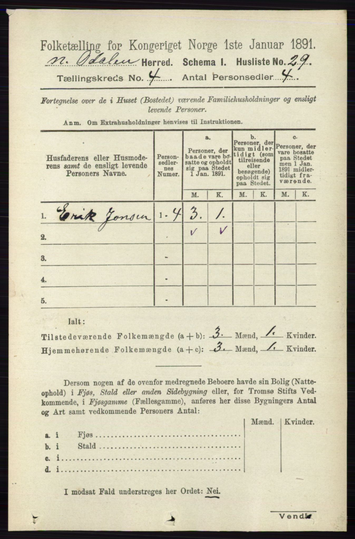 RA, 1891 census for 0418 Nord-Odal, 1891, p. 1258