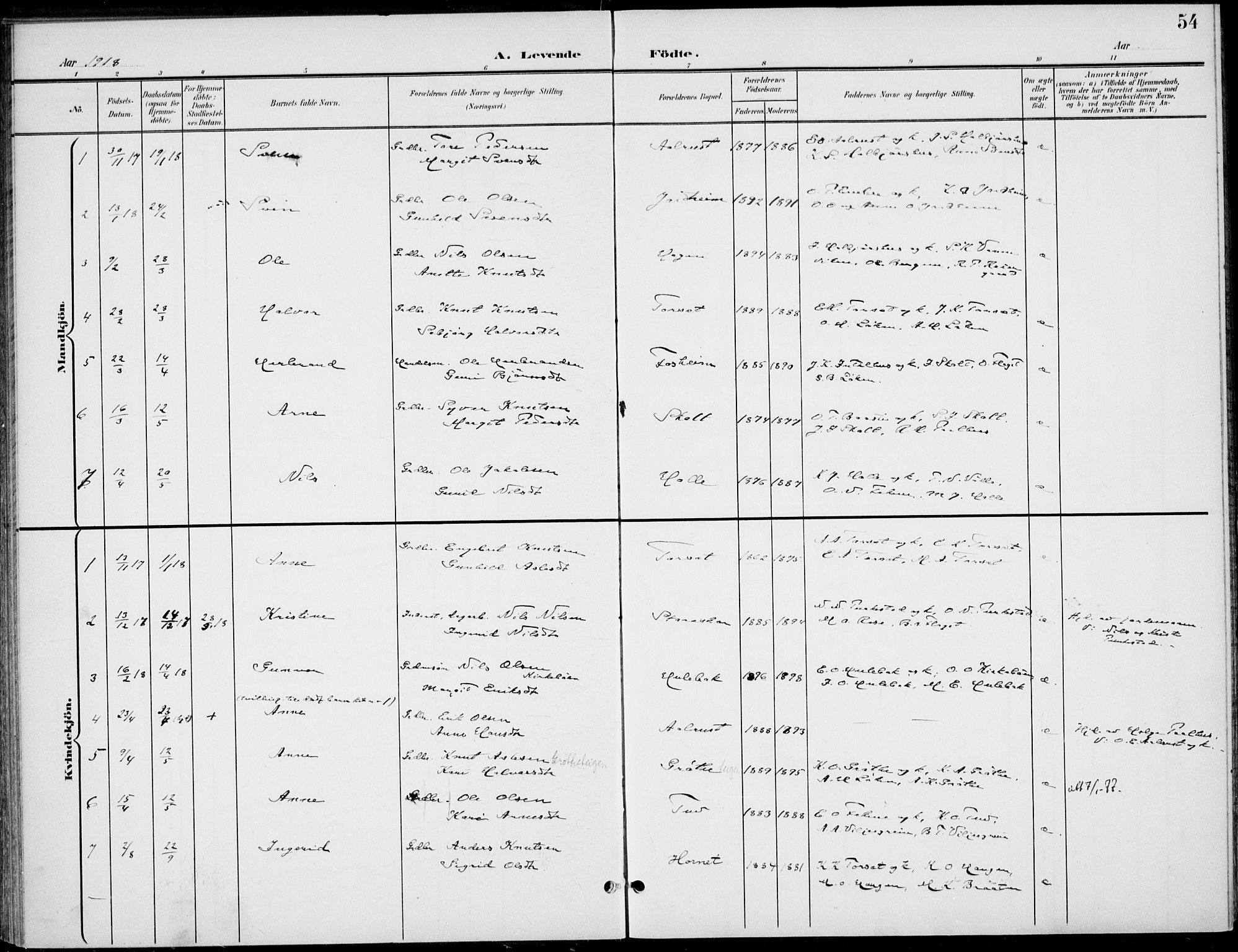 Gol kirkebøker, AV/SAKO-A-226/F/Fb/L0002: Parish register (official) no. II 2, 1900-1921, p. 54