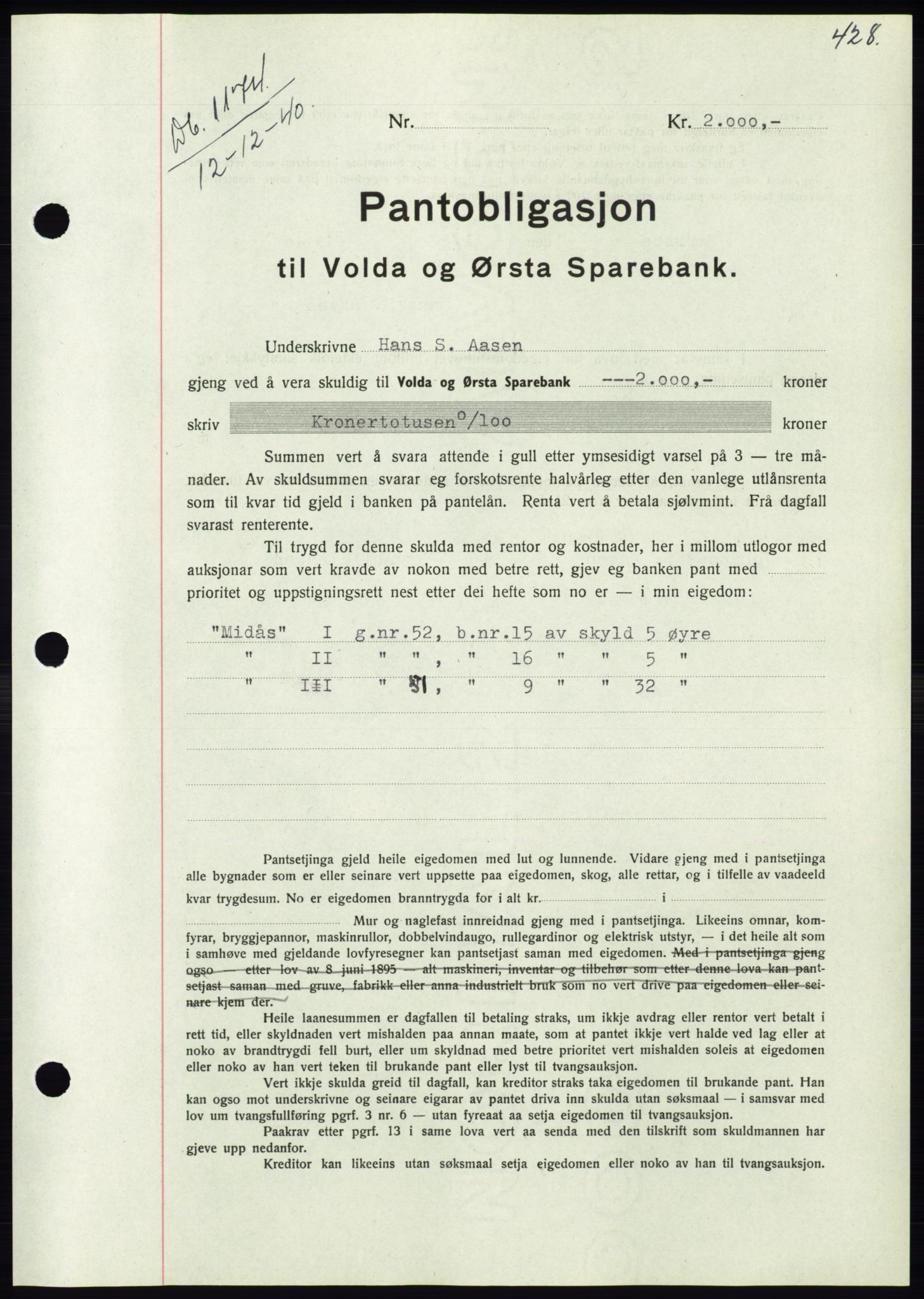 Søre Sunnmøre sorenskriveri, AV/SAT-A-4122/1/2/2C/L0070: Mortgage book no. 64, 1940-1941, Diary no: : 1074/1940