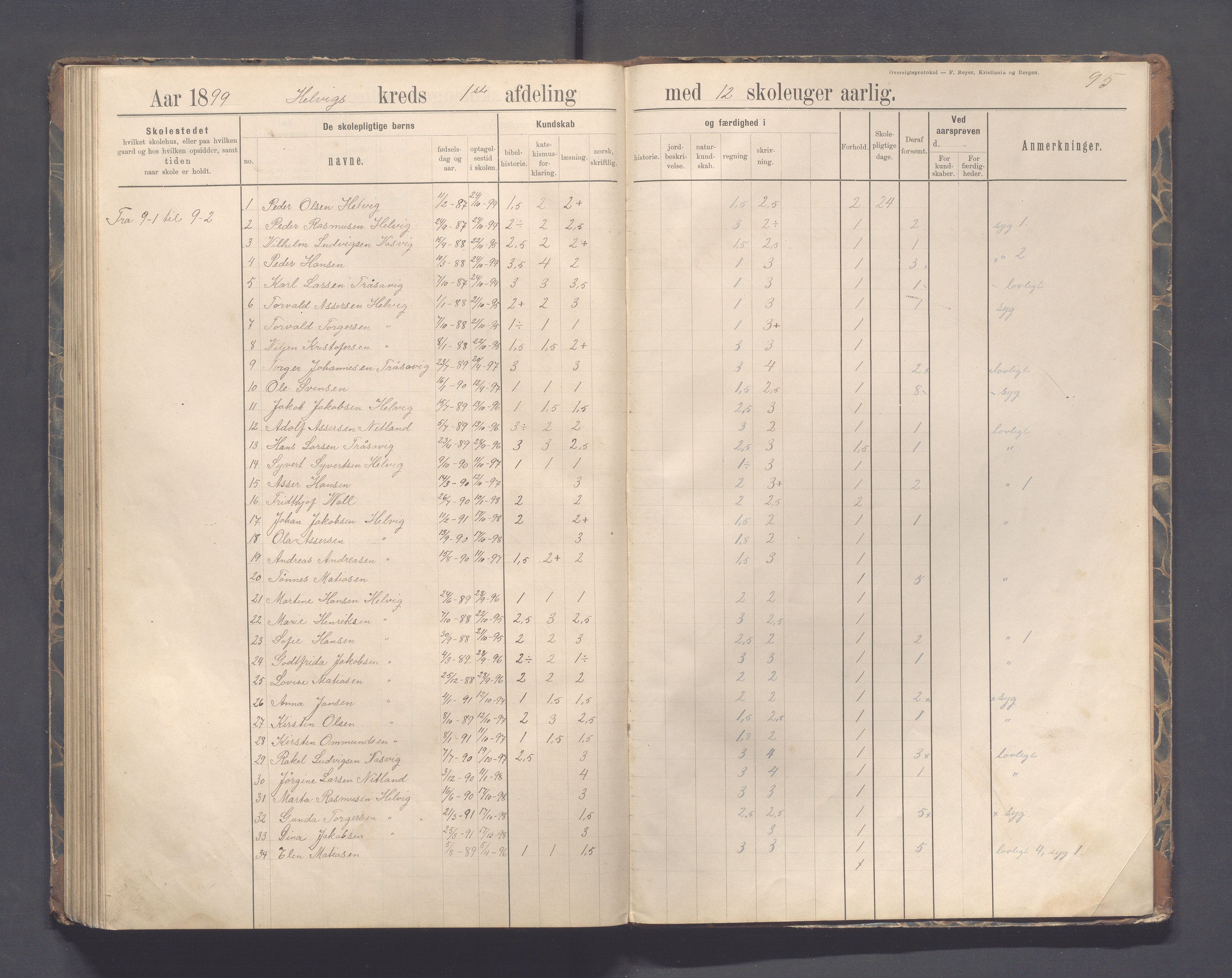 Eigersund kommune (Herredet) - Skolekommisjonen/skolestyret, IKAR/K-100453/Jb/L0007: Skoleprotokoll - Hegrestad og Helvik skoler, 1891-1899, p. 95