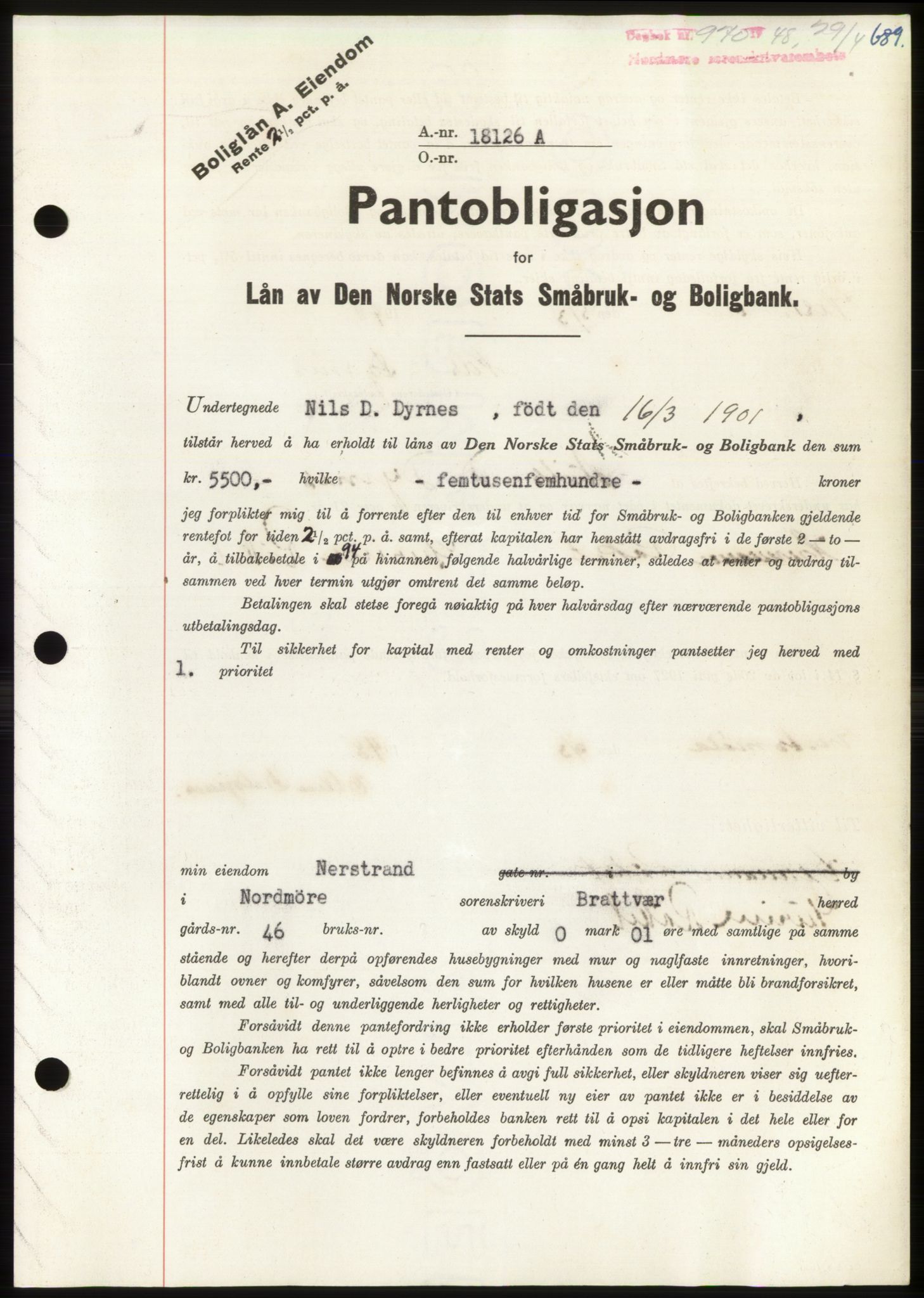 Nordmøre sorenskriveri, AV/SAT-A-4132/1/2/2Ca: Mortgage book no. B98, 1948-1948, Diary no: : 970/1948