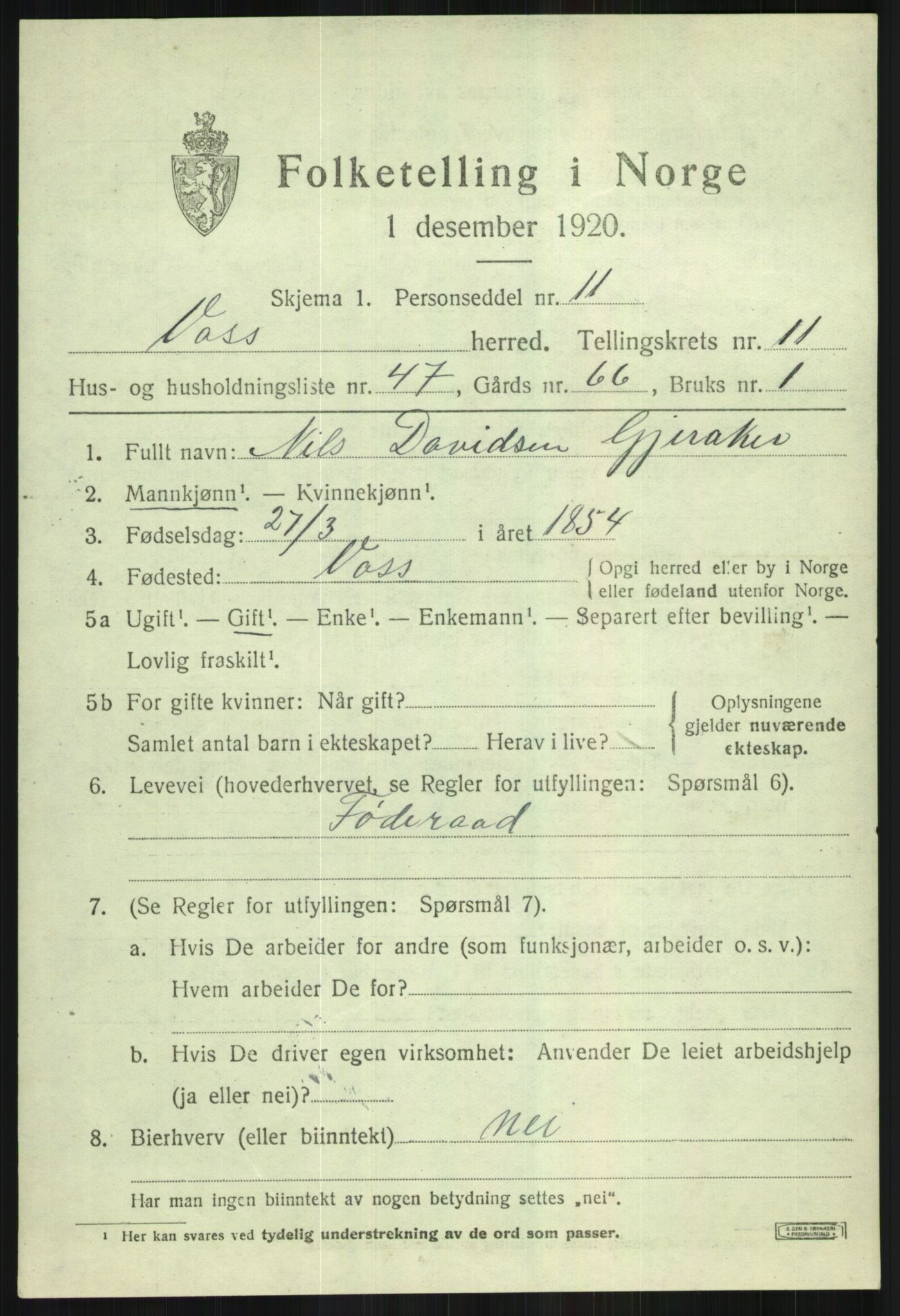 SAB, 1920 census for Voss, 1920, p. 10617