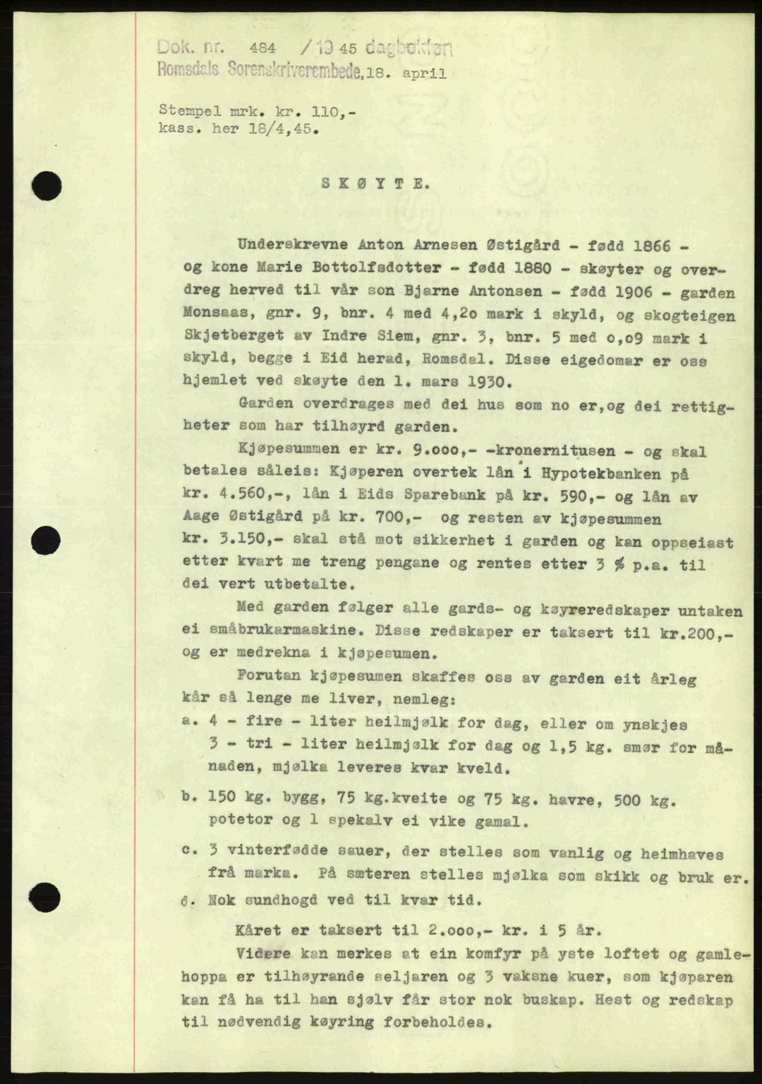 Romsdal sorenskriveri, AV/SAT-A-4149/1/2/2C: Mortgage book no. A17, 1944-1945, Diary no: : 484/1945