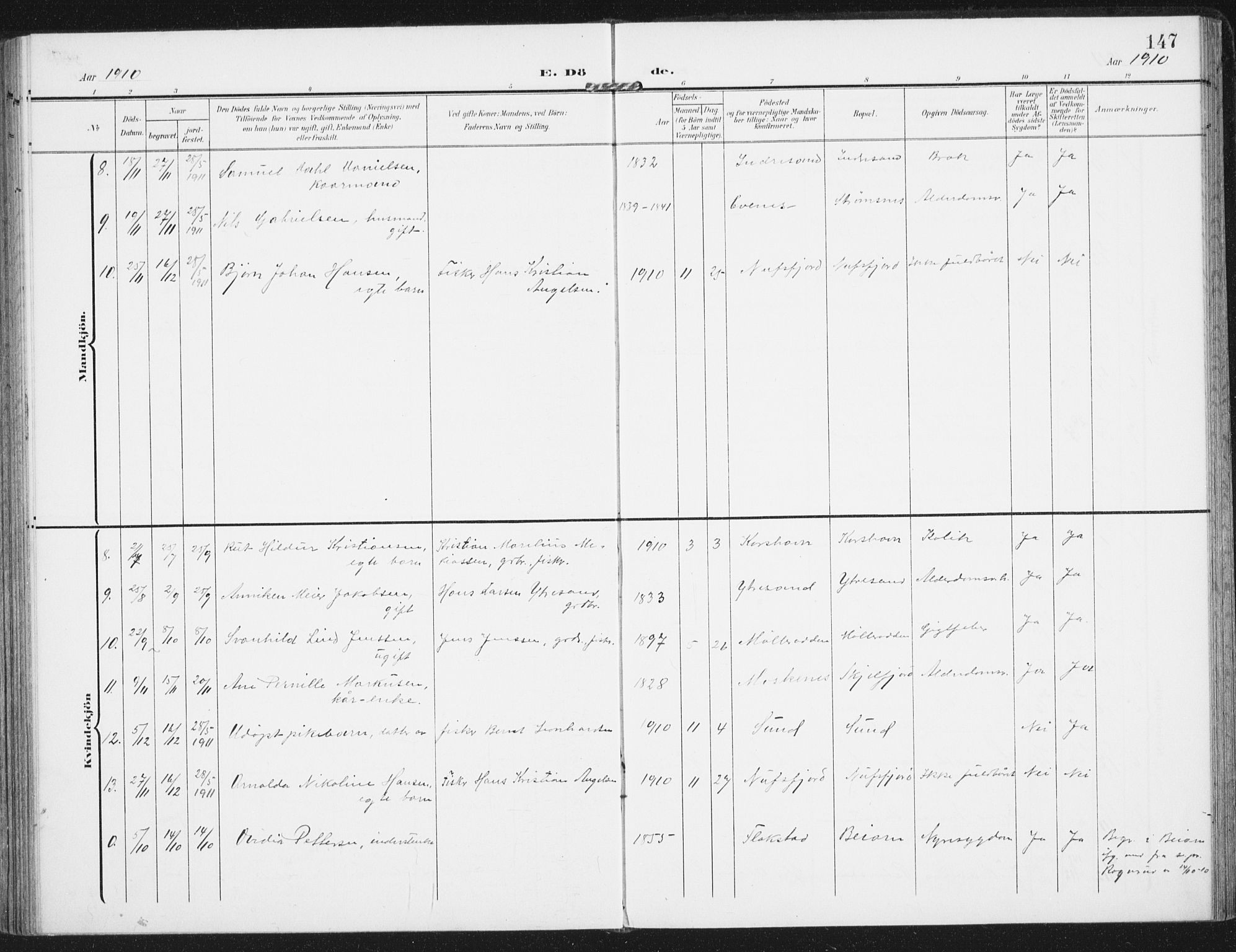 Ministerialprotokoller, klokkerbøker og fødselsregistre - Nordland, SAT/A-1459/885/L1206: Parish register (official) no. 885A07, 1905-1915, p. 147