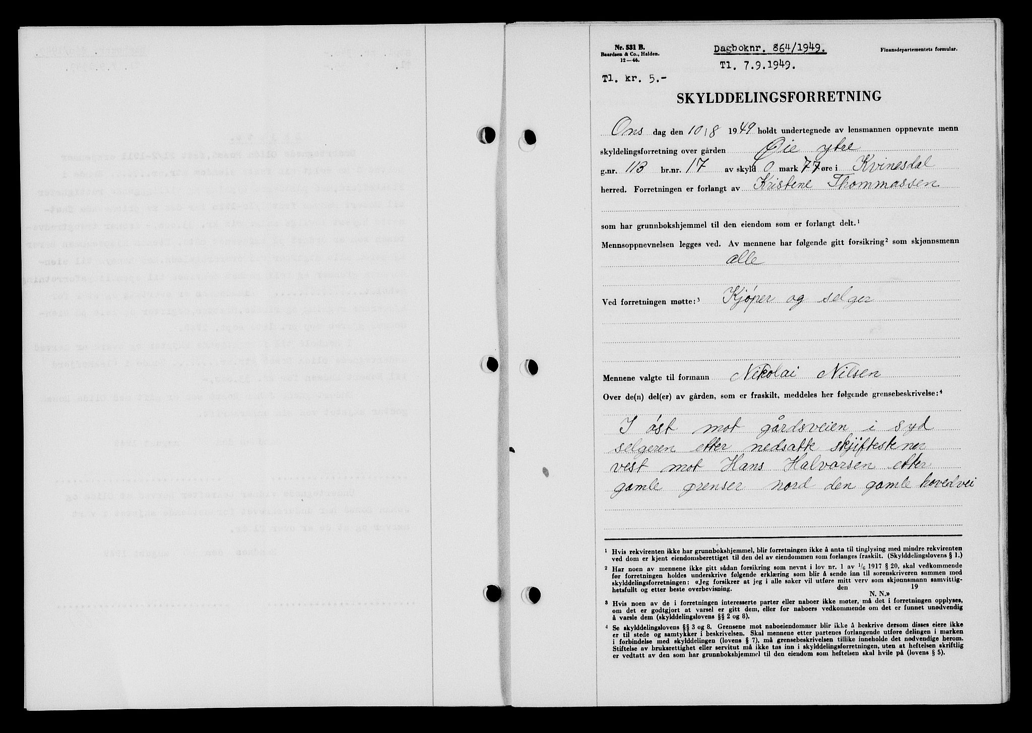 Flekkefjord sorenskriveri, SAK/1221-0001/G/Gb/Gba/L0065: Mortgage book no. A-13, 1949-1949, Diary no: : 864/1949