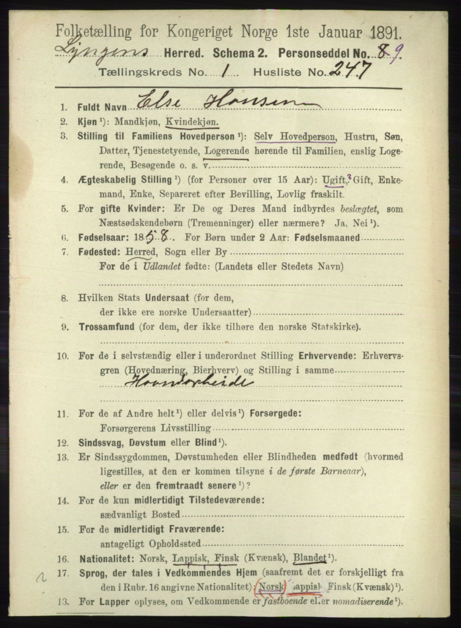 RA, 1891 census for 1938 Lyngen, 1891, p. 1925