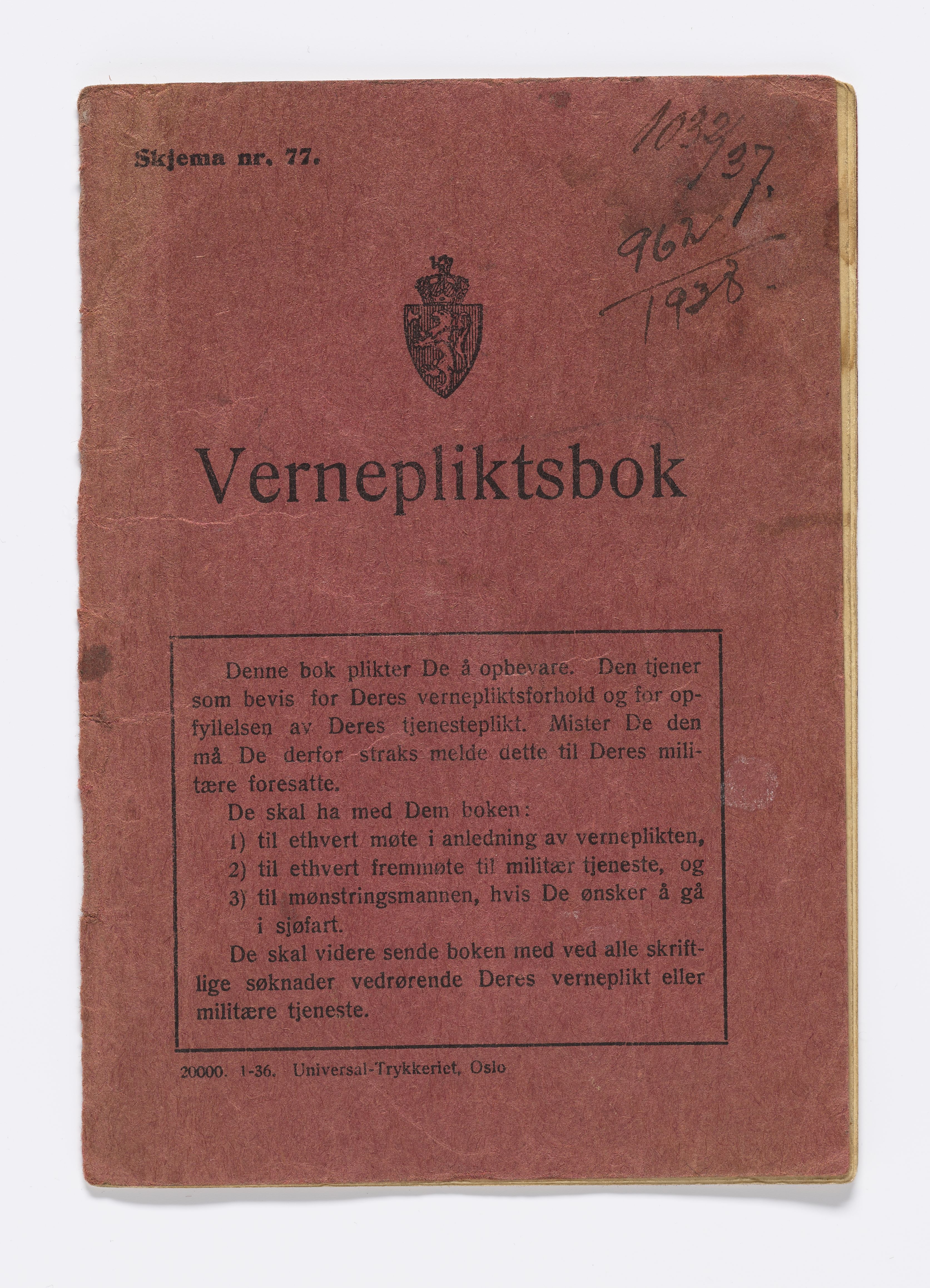 Thomas Bolstad Natvig, AFM/GRI-1019/D/Da/L0001/0003: Dokumenter / Vernepliksbok, 1937