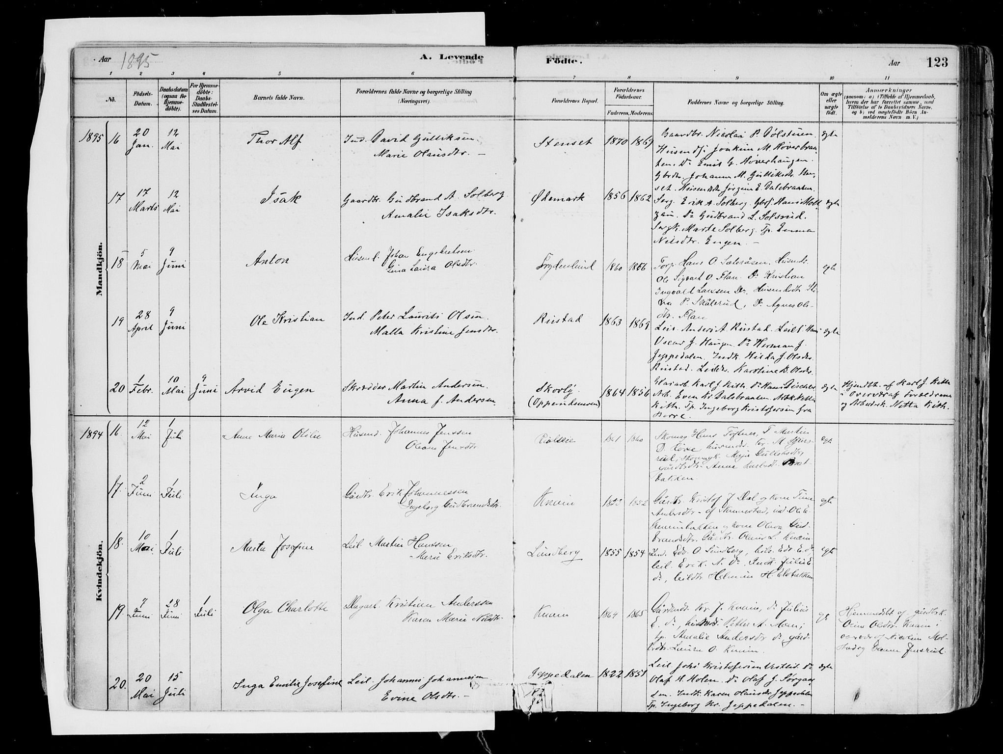 Hurdal prestekontor Kirkebøker, AV/SAO-A-10889/F/Fa/L0007: Parish register (official) no. I 7, 1878-1906, p. 123