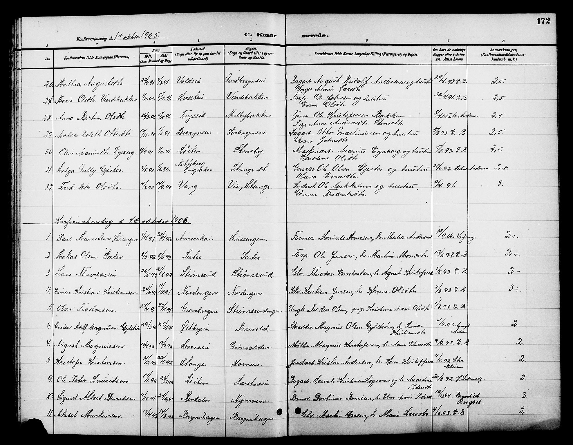 Romedal prestekontor, AV/SAH-PREST-004/L/L0012: Parish register (copy) no. 12, 1896-1914, p. 172