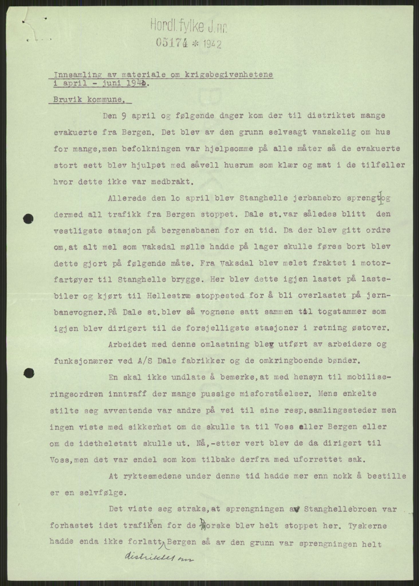 Forsvaret, Forsvarets krigshistoriske avdeling, AV/RA-RAFA-2017/Y/Ya/L0015: II-C-11-31 - Fylkesmenn.  Rapporter om krigsbegivenhetene 1940., 1940, p. 235