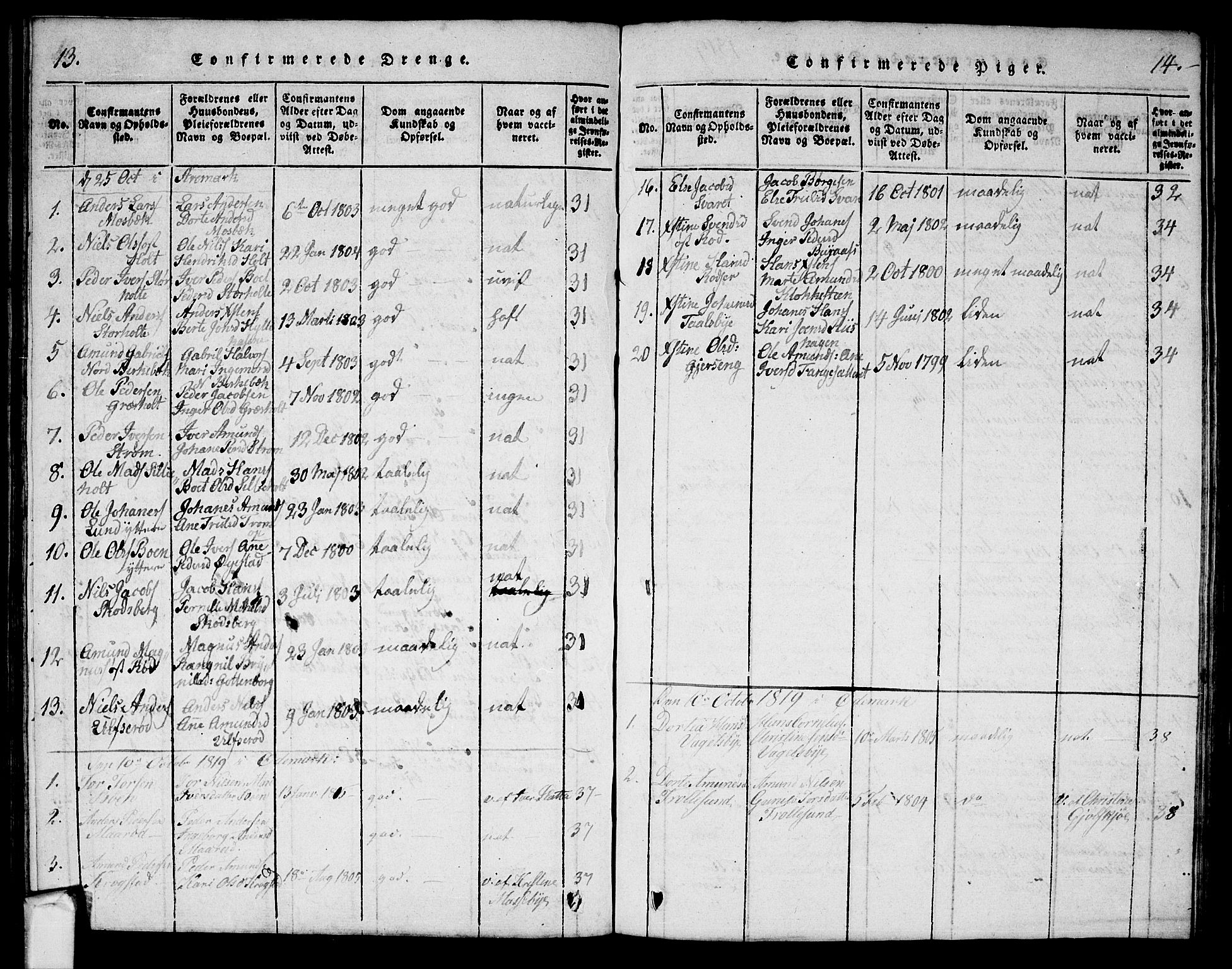 Aremark prestekontor Kirkebøker, AV/SAO-A-10899/G/Ga/L0001: Parish register (copy) no.  I 1, 1814-1834, p. 13-14