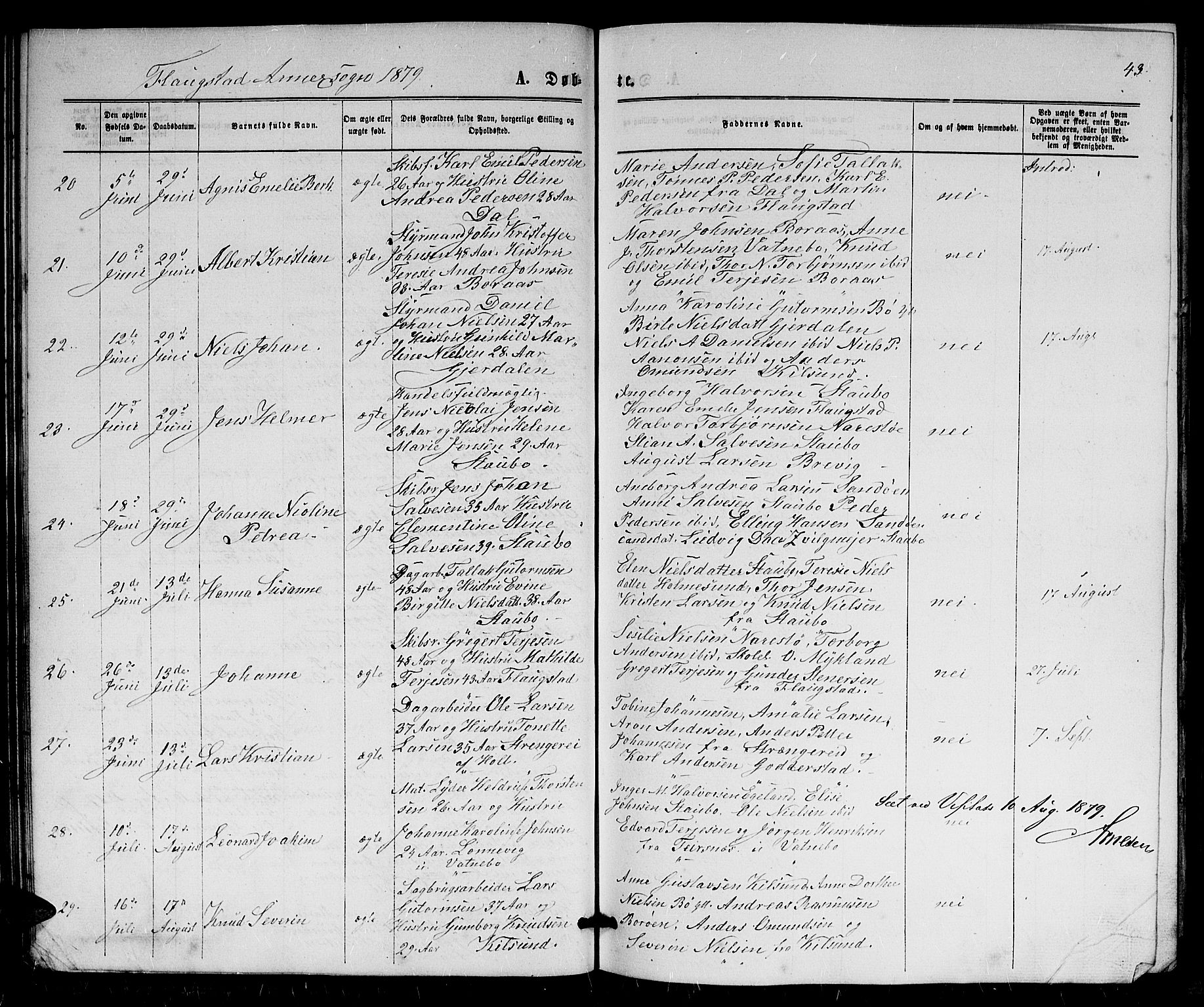 Dypvåg sokneprestkontor, AV/SAK-1111-0007/F/Fb/Fbb/L0003: Parish register (copy) no. B 3, 1872-1886, p. 43