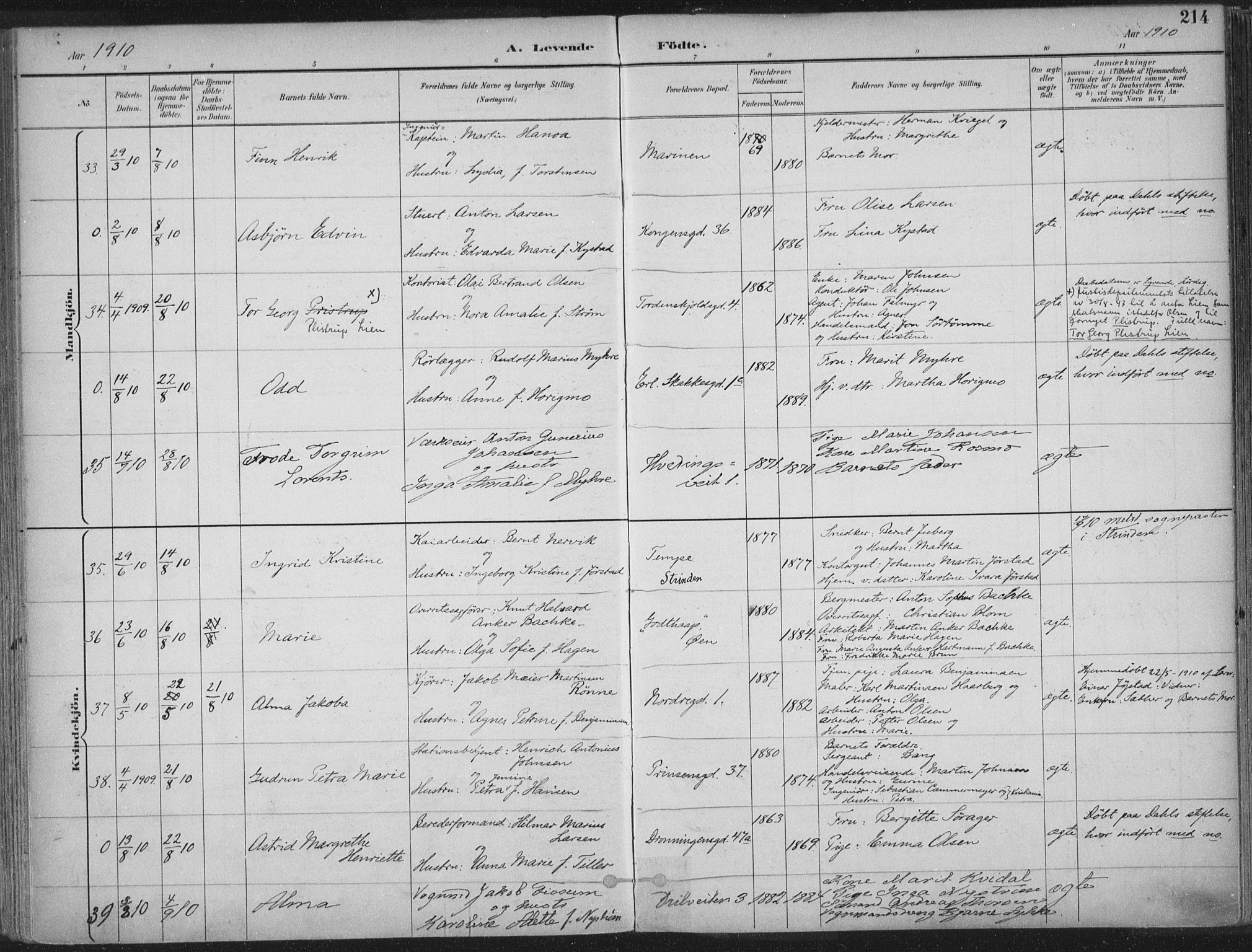 Ministerialprotokoller, klokkerbøker og fødselsregistre - Sør-Trøndelag, SAT/A-1456/601/L0062: Parish register (official) no. 601A30, 1891-1911, p. 214