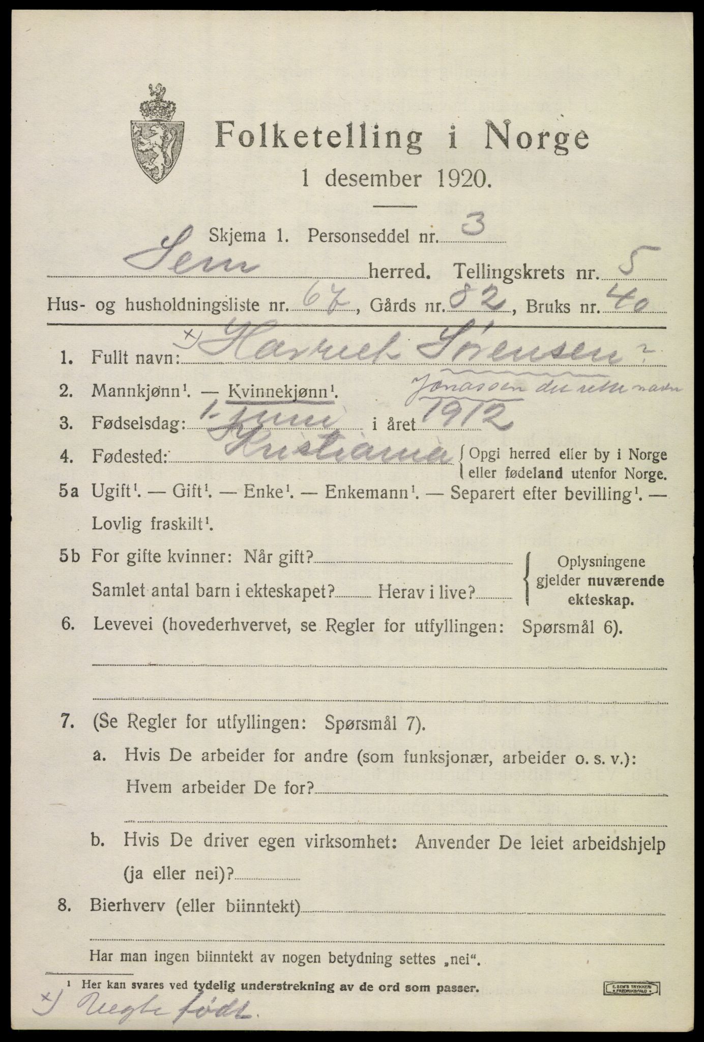 SAKO, 1920 census for Sem, 1920, p. 8517