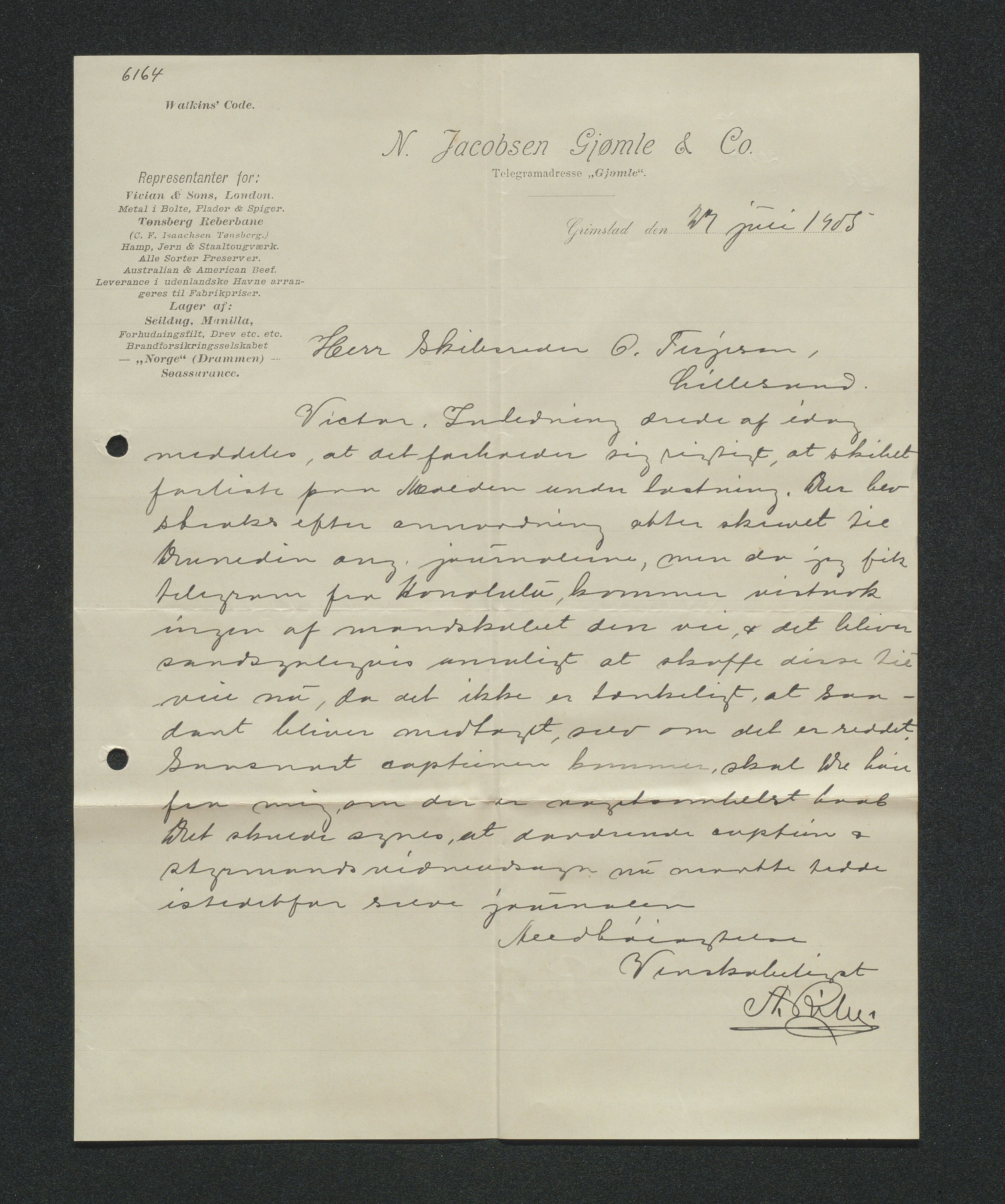 O. Terjesens rederi, AAKS/PA-2525/E/E01/L0013: Korrespondanse, 1904-1905
