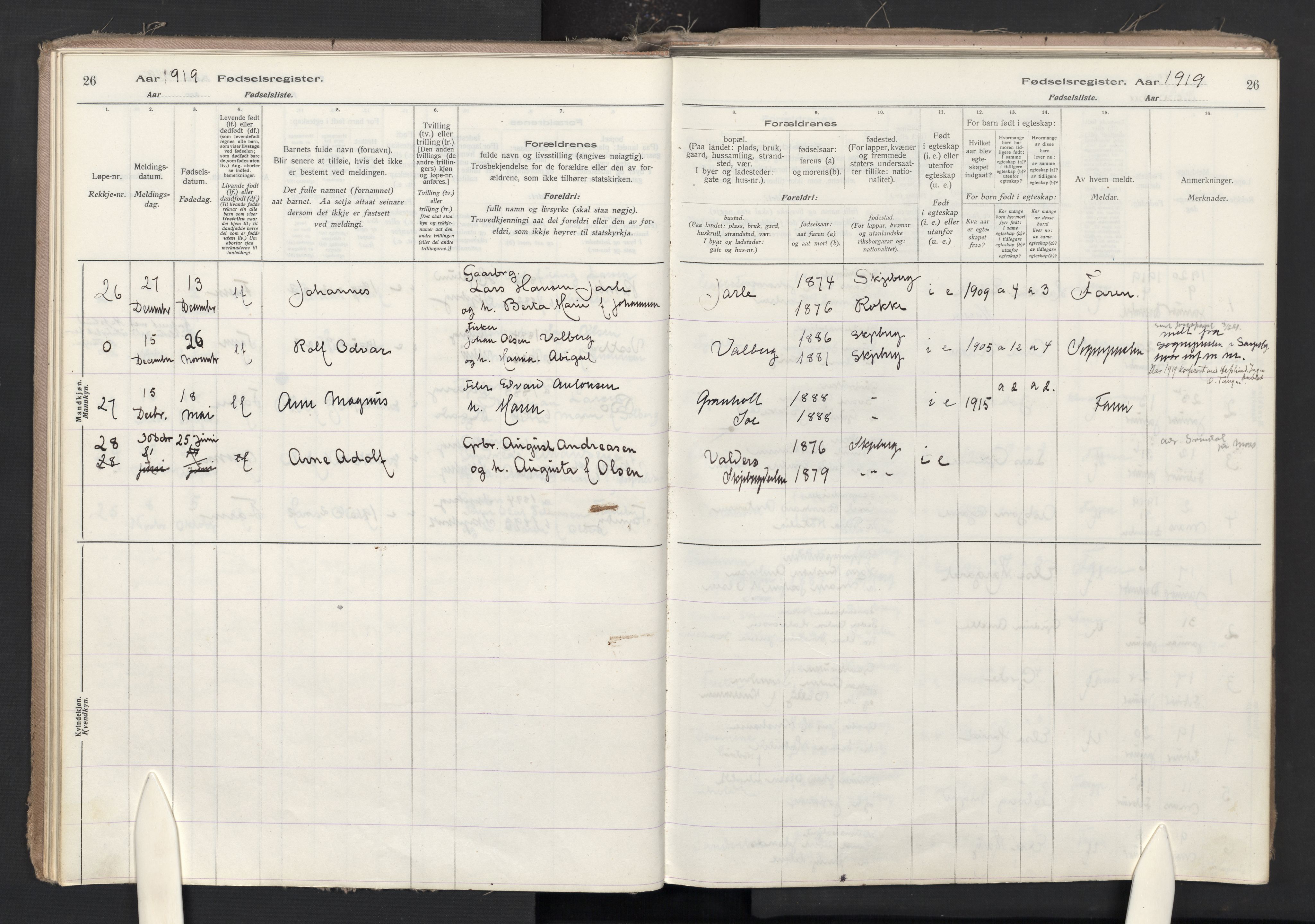 Skjeberg prestekontor Kirkebøker, AV/SAO-A-10923/J/Ja/L0001: Birth register no. I 1, 1916-1945, p. 26