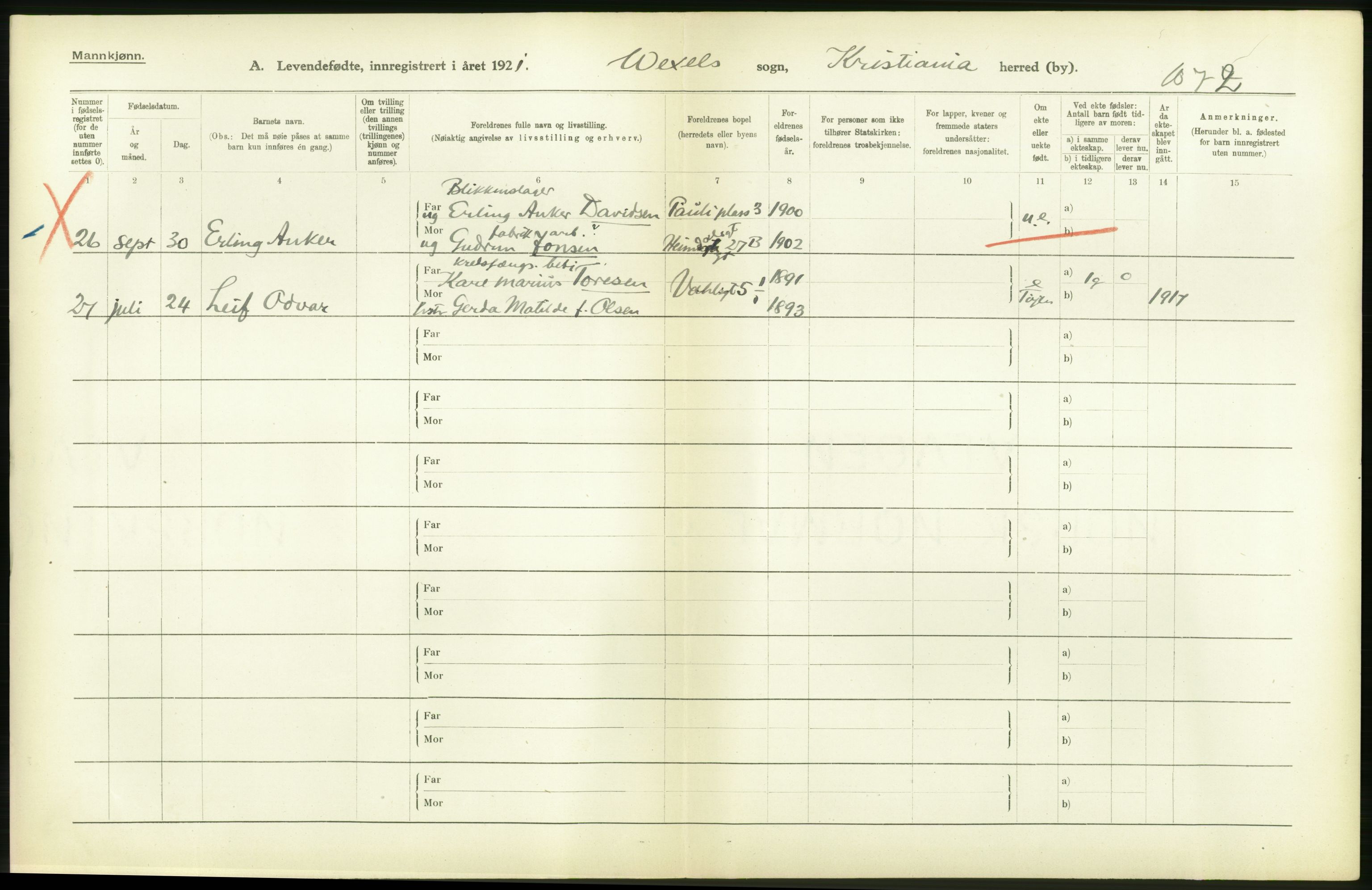 Statistisk sentralbyrå, Sosiodemografiske emner, Befolkning, AV/RA-S-2228/D/Df/Dfc/Dfca/L0009: Kristiania: Levendefødte menn og kvinner., 1921, p. 54