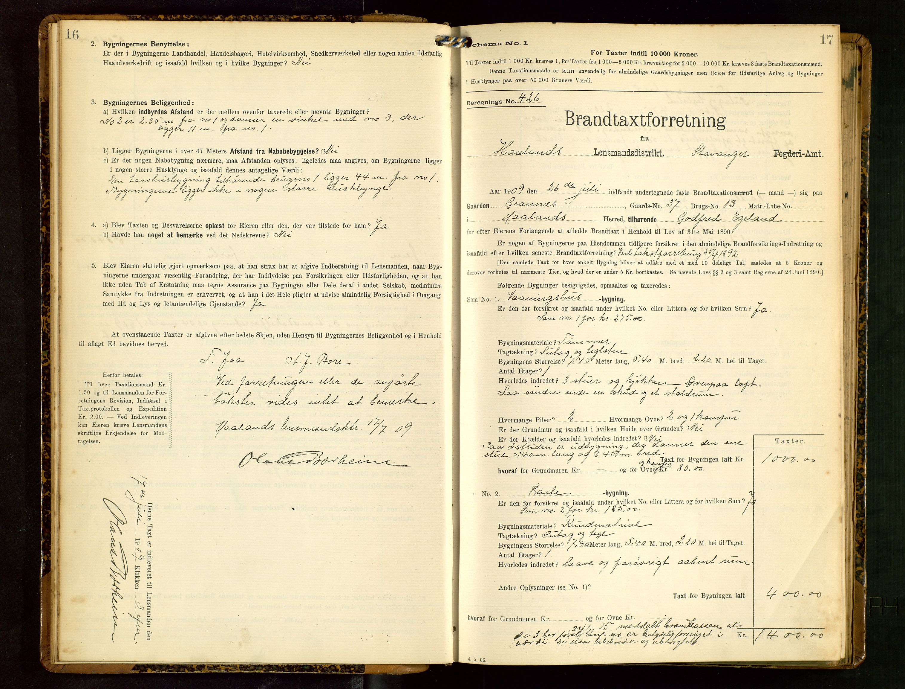 Håland lensmannskontor, SAST/A-100100/Gob/L0003: Branntakstprotokoll - skjematakst. Register i boken., 1909-1910, p. 16-17