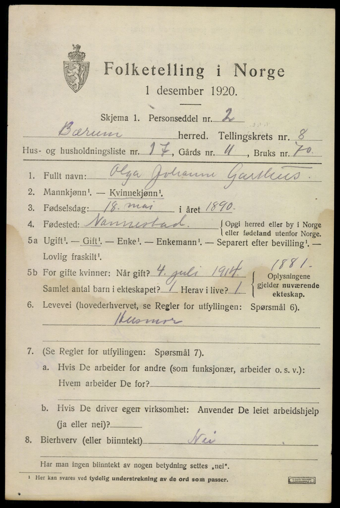 SAO, 1920 census for Bærum, 1920, p. 18498