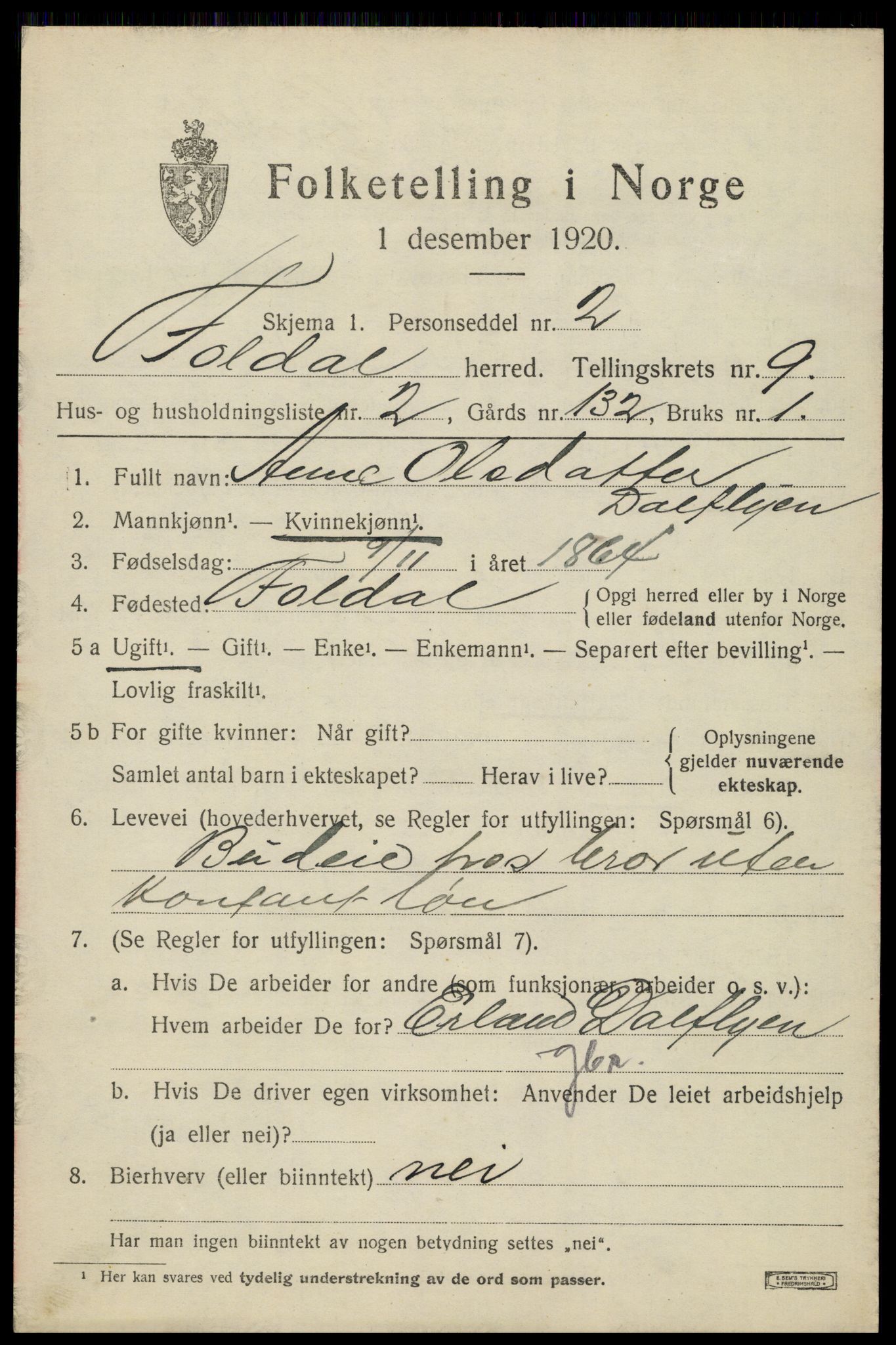 SAH, 1920 census for Folldal, 1920, p. 4585