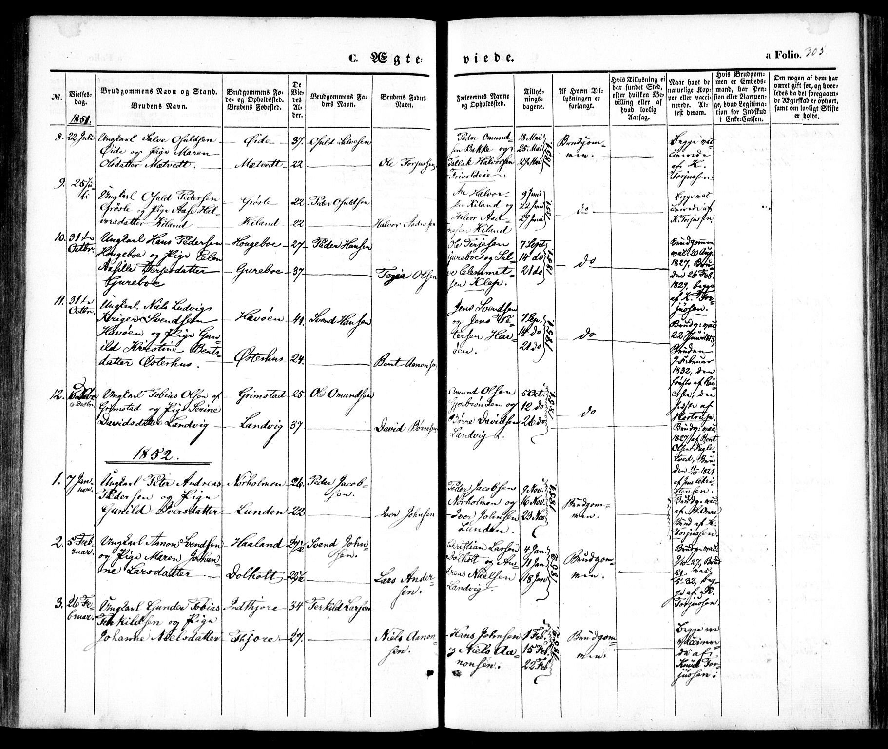 Hommedal sokneprestkontor, SAK/1111-0023/F/Fa/Fab/L0004: Parish register (official) no. A 4, 1848-1860, p. 305