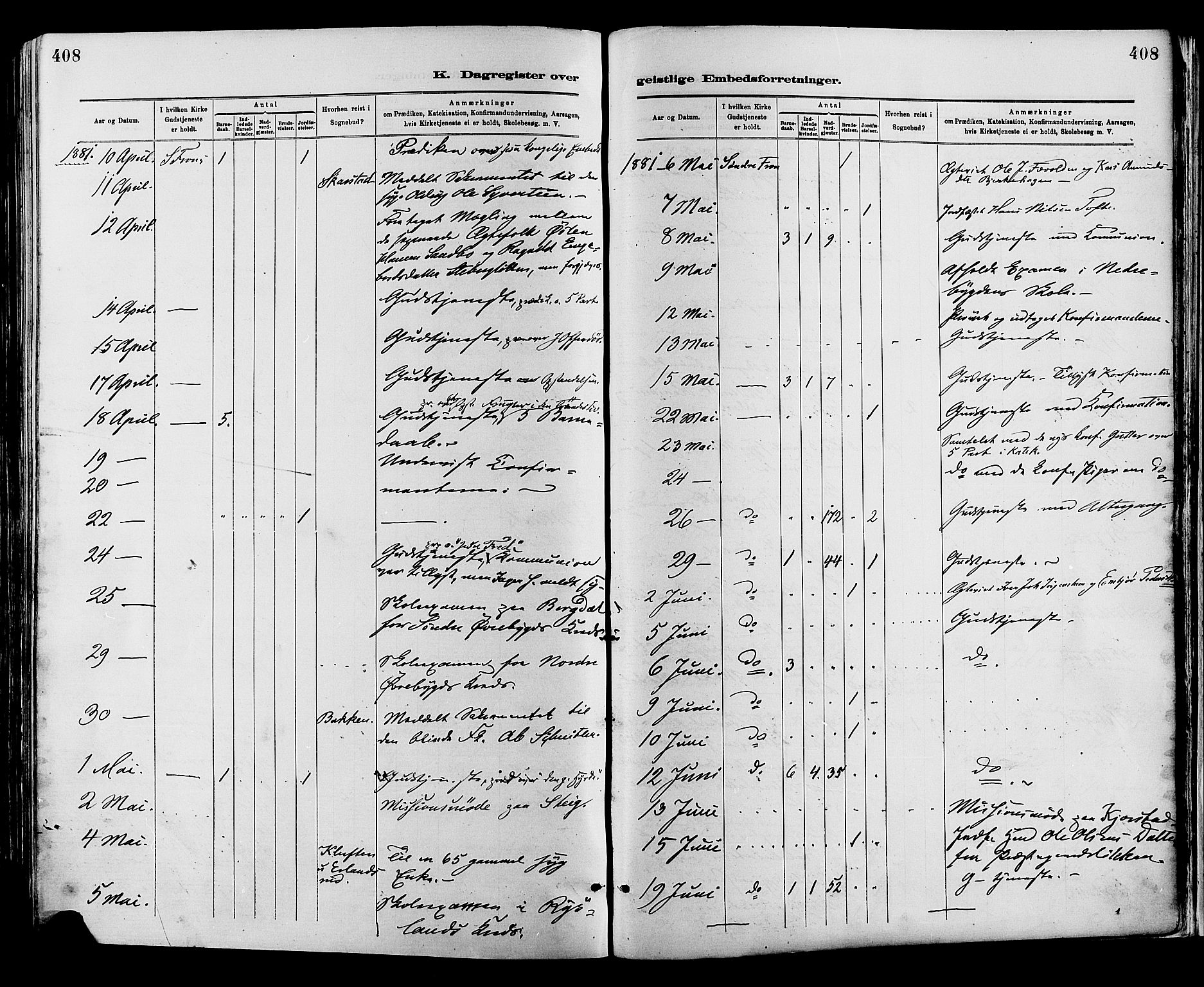 Sør-Fron prestekontor, SAH/PREST-010/H/Ha/Haa/L0003: Parish register (official) no. 3, 1881-1897, p. 408