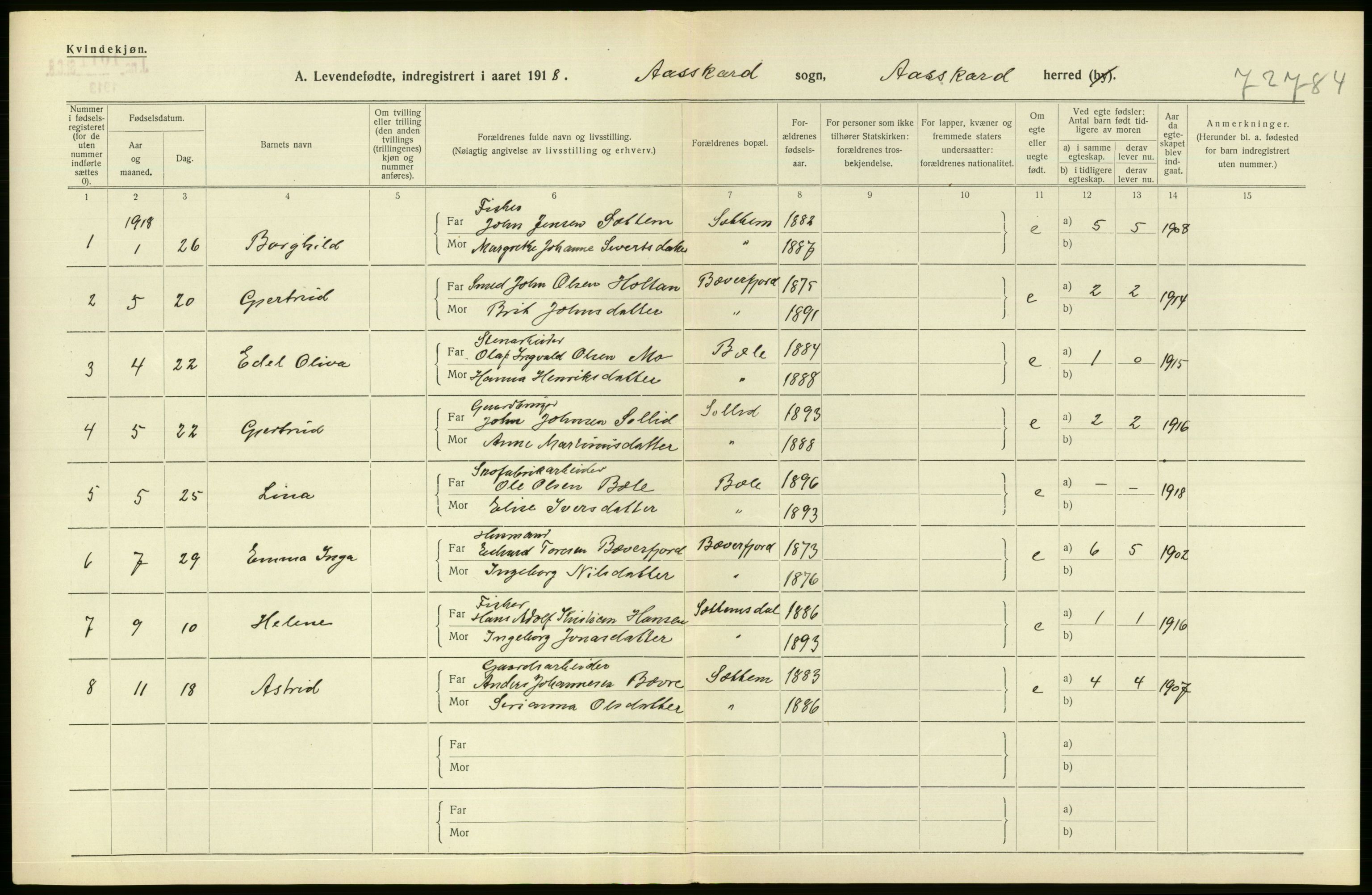 Statistisk sentralbyrå, Sosiodemografiske emner, Befolkning, RA/S-2228/D/Df/Dfb/Dfbh/L0043: Møre fylke: Levendefødte menn og kvinner. Bygder., 1918, p. 132