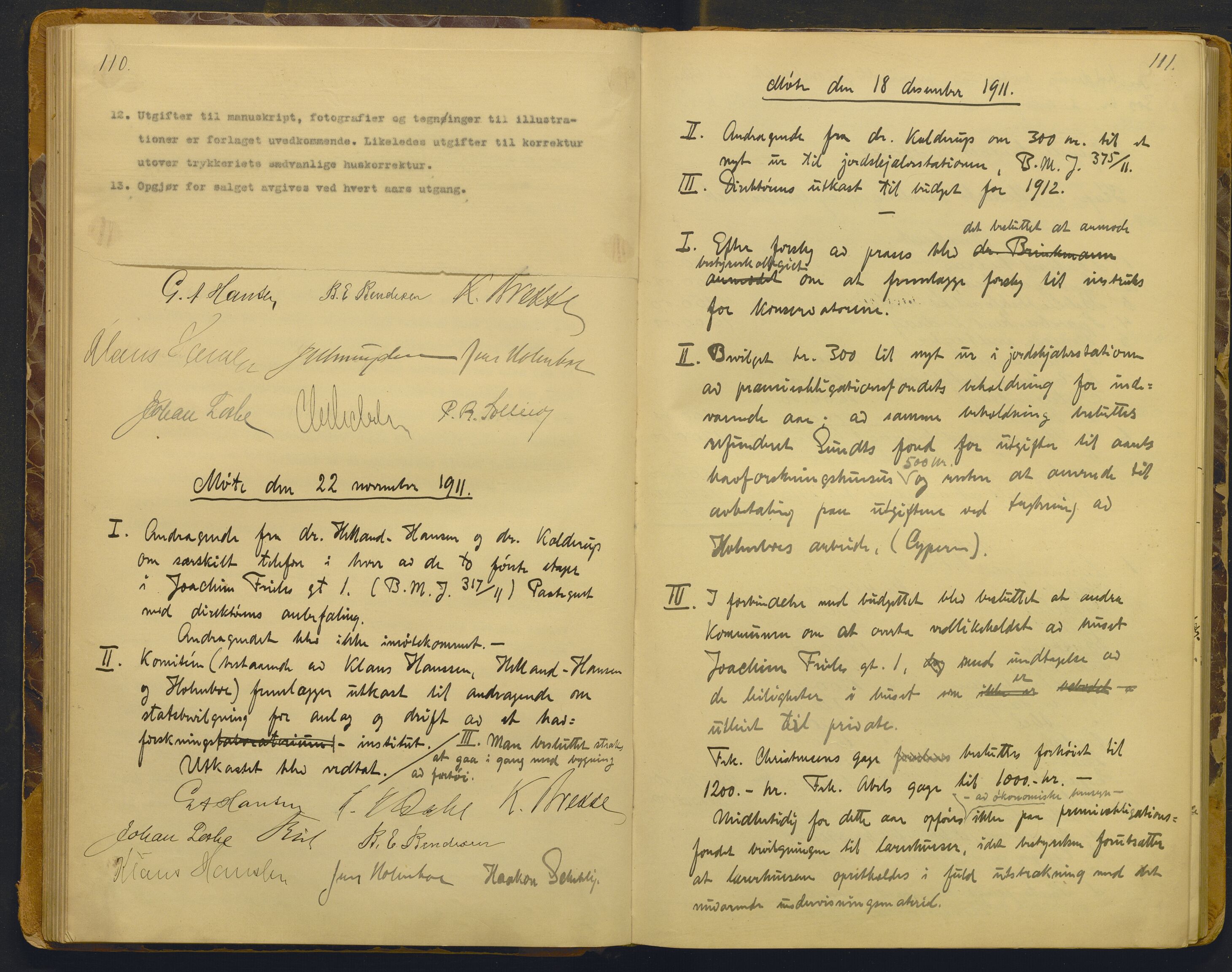 Bergens Museum, AV/SAB-A-17301/02/A/L0008: Forhandlingsprotokoll med register , 1906-1927, p. 110-111