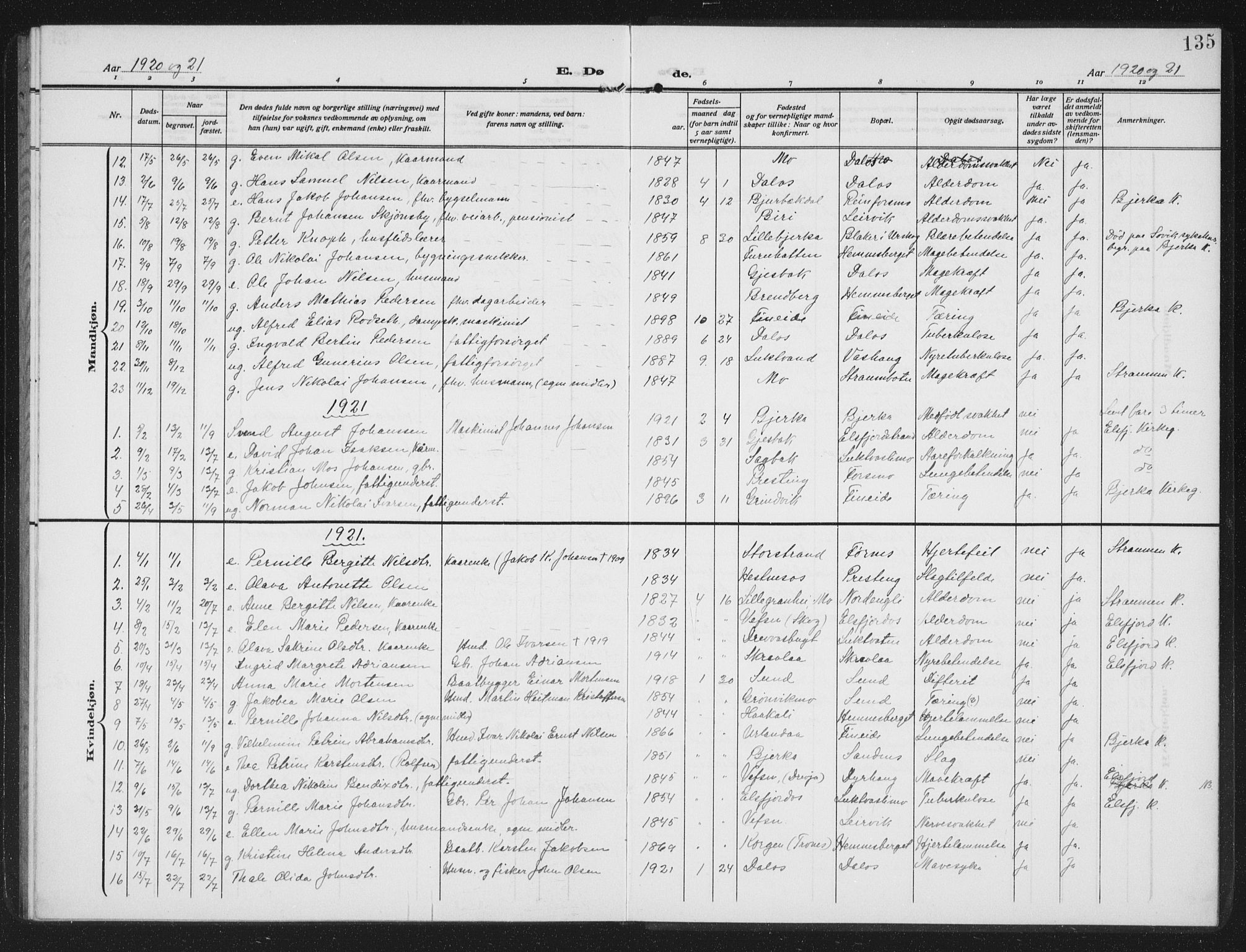 Ministerialprotokoller, klokkerbøker og fødselsregistre - Nordland, AV/SAT-A-1459/825/L0371: Parish register (copy) no. 825C08, 1907-1940, p. 135