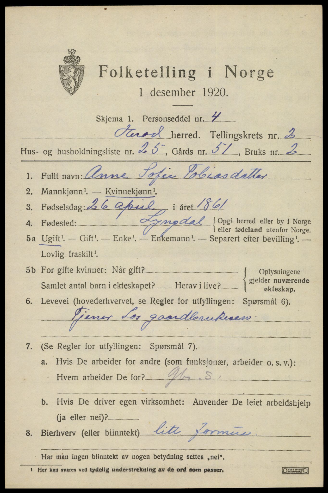 SAK, 1920 census for Herad, 1920, p. 1302