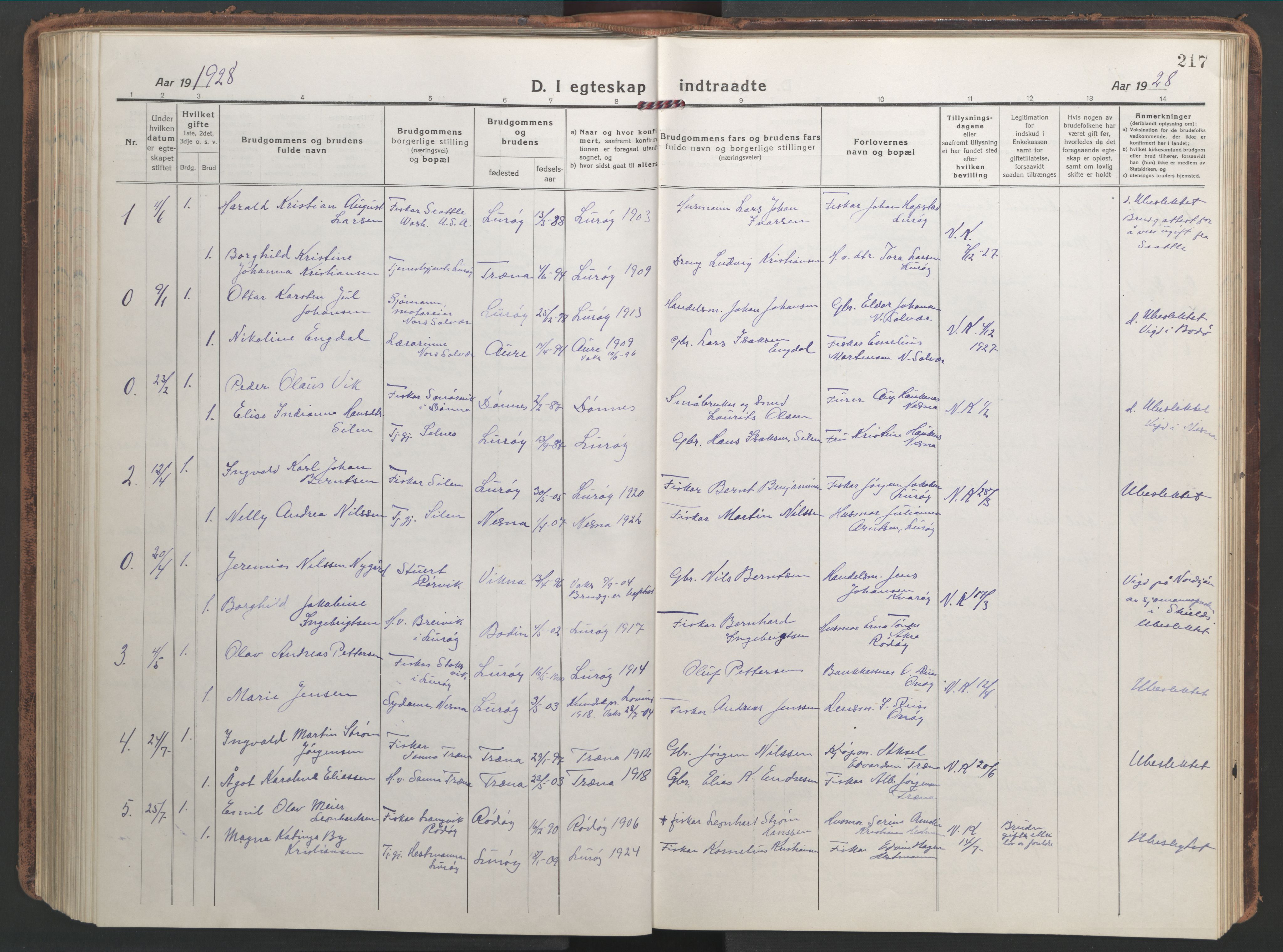 Ministerialprotokoller, klokkerbøker og fødselsregistre - Nordland, SAT/A-1459/839/L0574: Parish register (copy) no. 839C04, 1918-1950, p. 217
