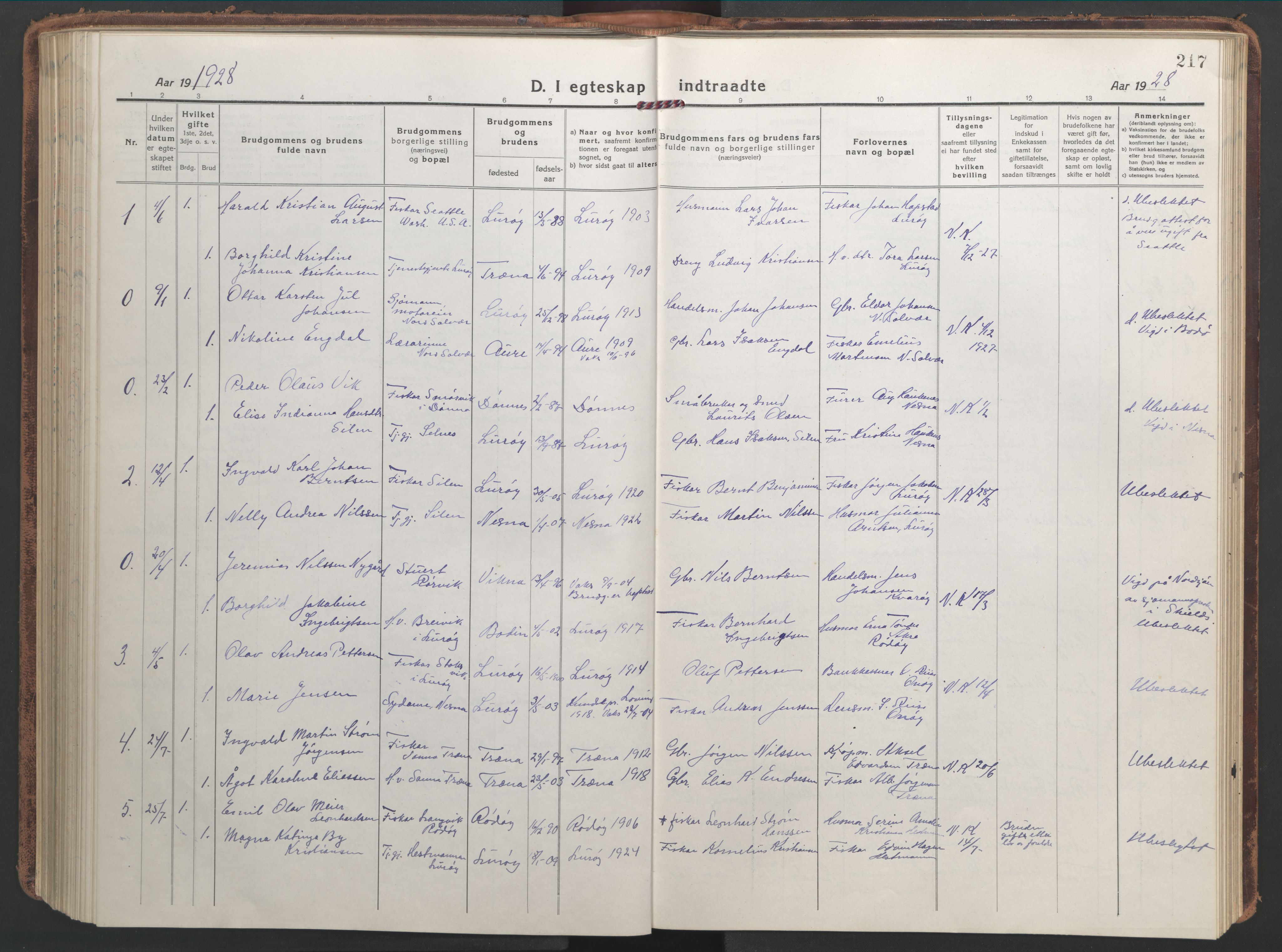 Ministerialprotokoller, klokkerbøker og fødselsregistre - Nordland, AV/SAT-A-1459/839/L0574: Parish register (copy) no. 839C04, 1918-1950, p. 217