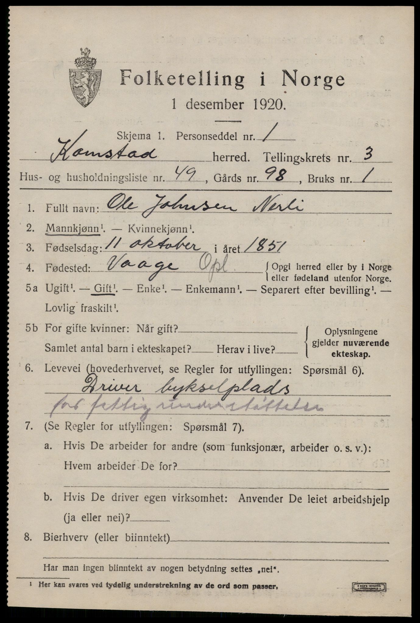 SAT, 1920 census for Kornstad, 1920, p. 2491