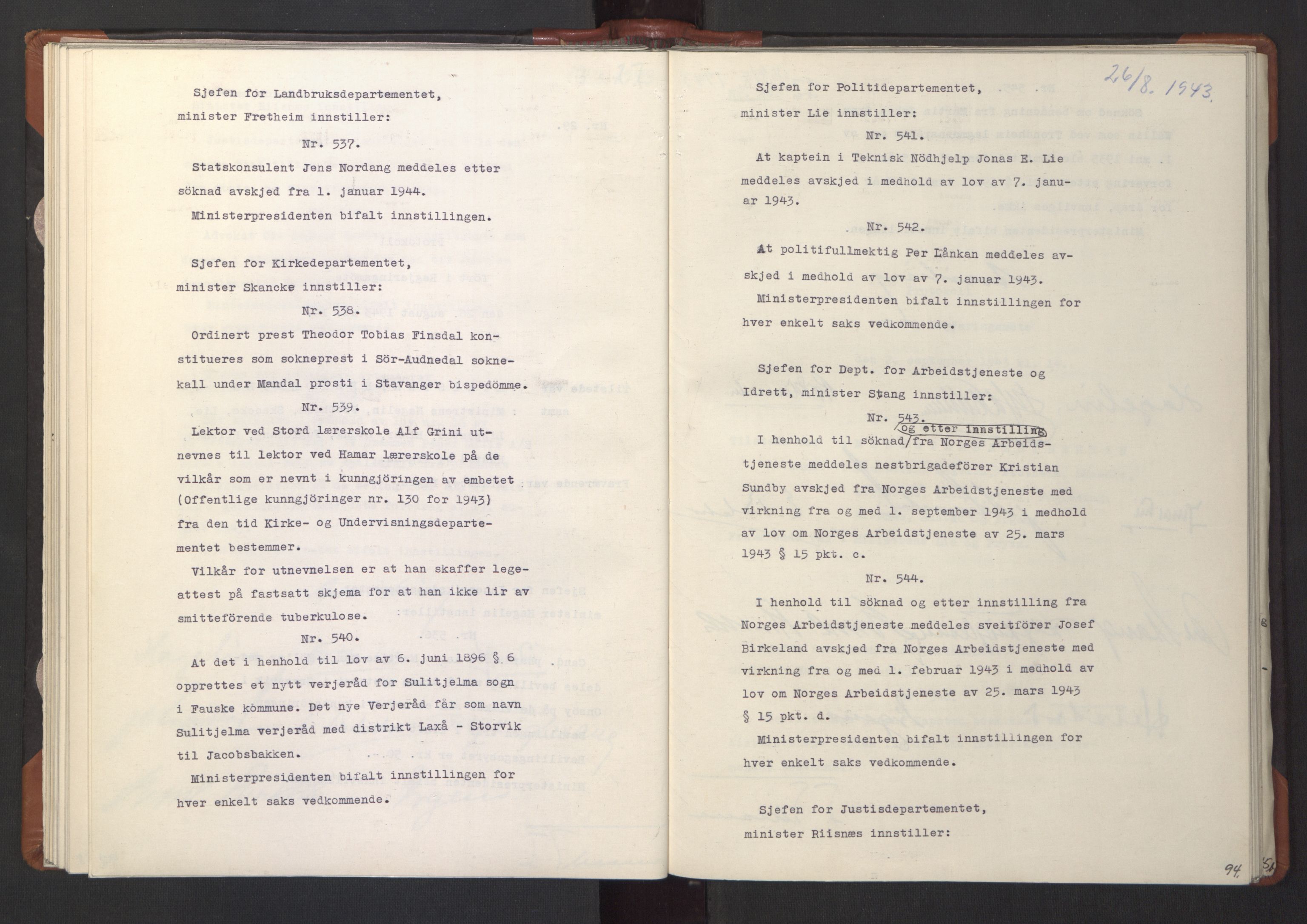 NS-administrasjonen 1940-1945 (Statsrådsekretariatet, de kommisariske statsråder mm), AV/RA-S-4279/D/Da/L0003: Vedtak (Beslutninger) nr. 1-746 og tillegg nr. 1-47 (RA. j.nr. 1394/1944, tilgangsnr. 8/1944, 1943, p. 96