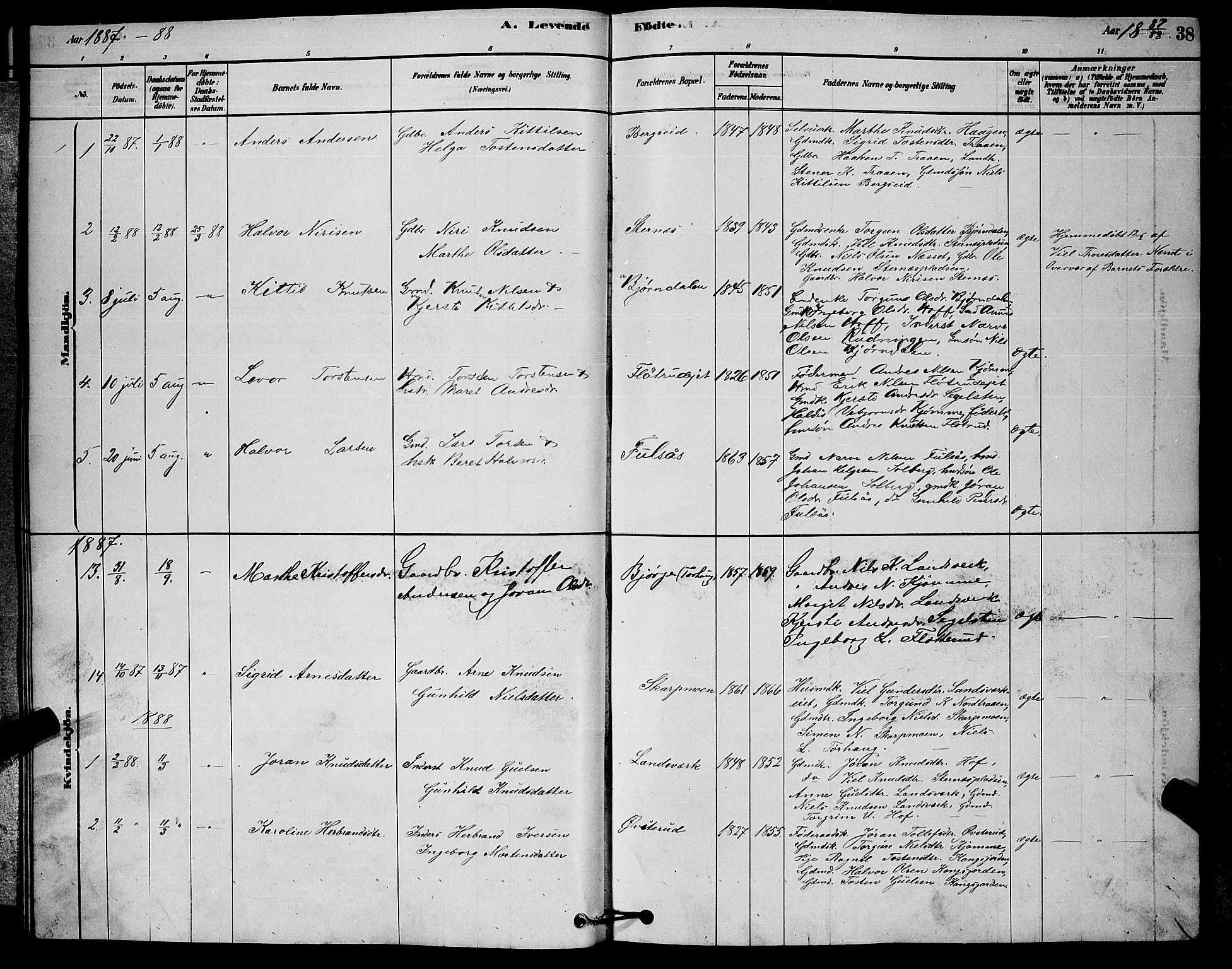 Rollag kirkebøker, AV/SAKO-A-240/G/Ga/L0004: Parish register (copy) no. I 4, 1878-1903, p. 38