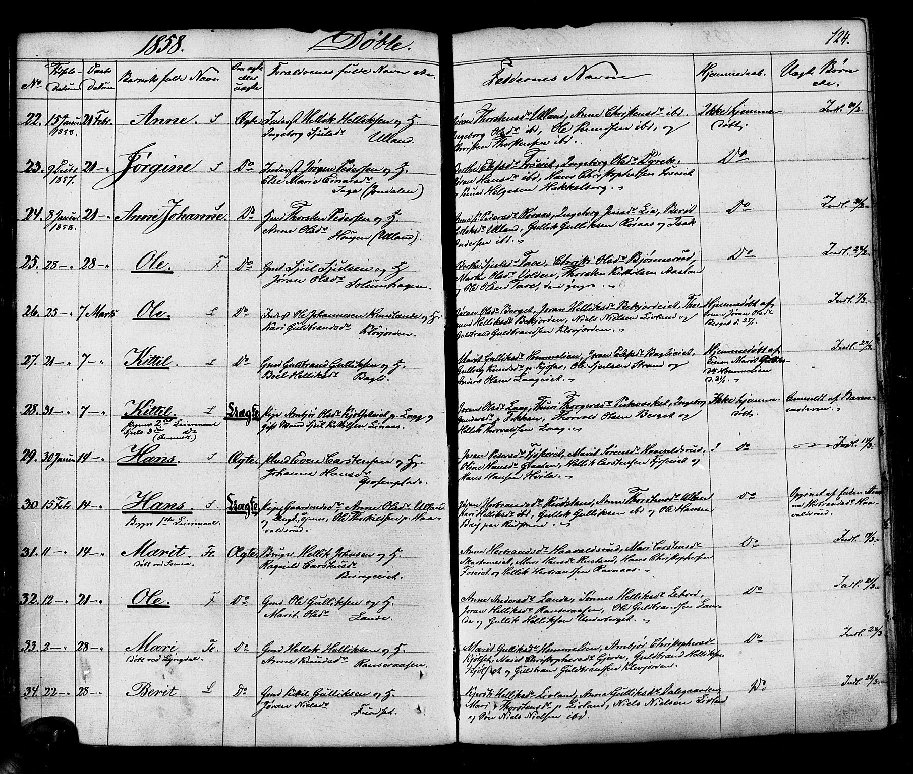 Flesberg kirkebøker, SAKO/A-18/F/Fa/L0006: Parish register (official) no. I 6, 1834-1860, p. 124