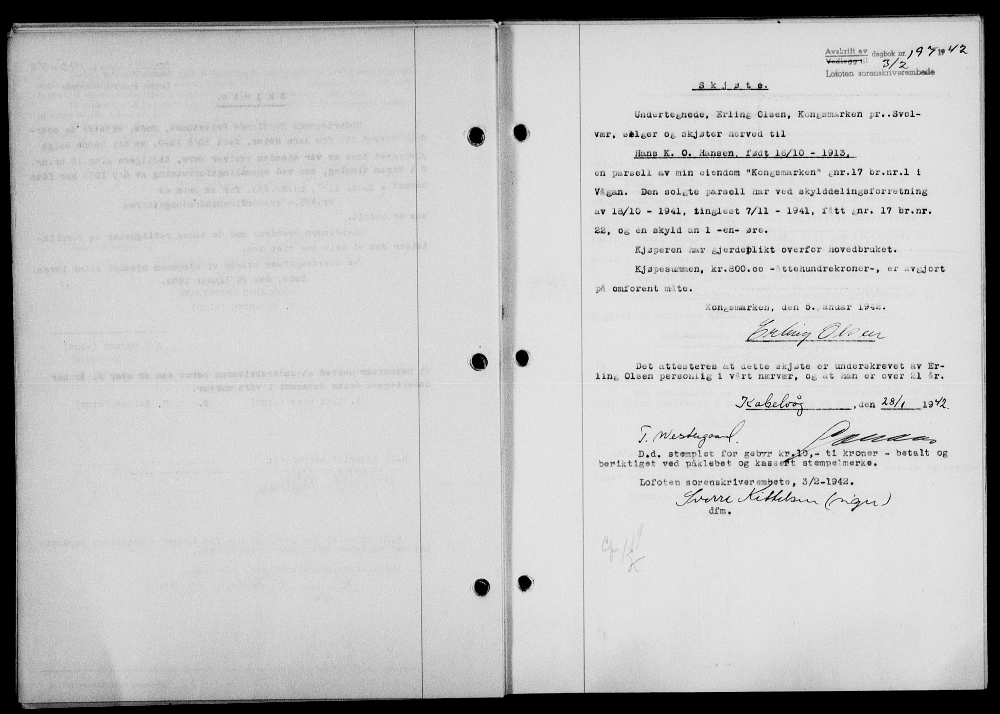 Lofoten sorenskriveri, SAT/A-0017/1/2/2C/L0009a: Mortgage book no. 9a, 1941-1942, Diary no: : 197/1942
